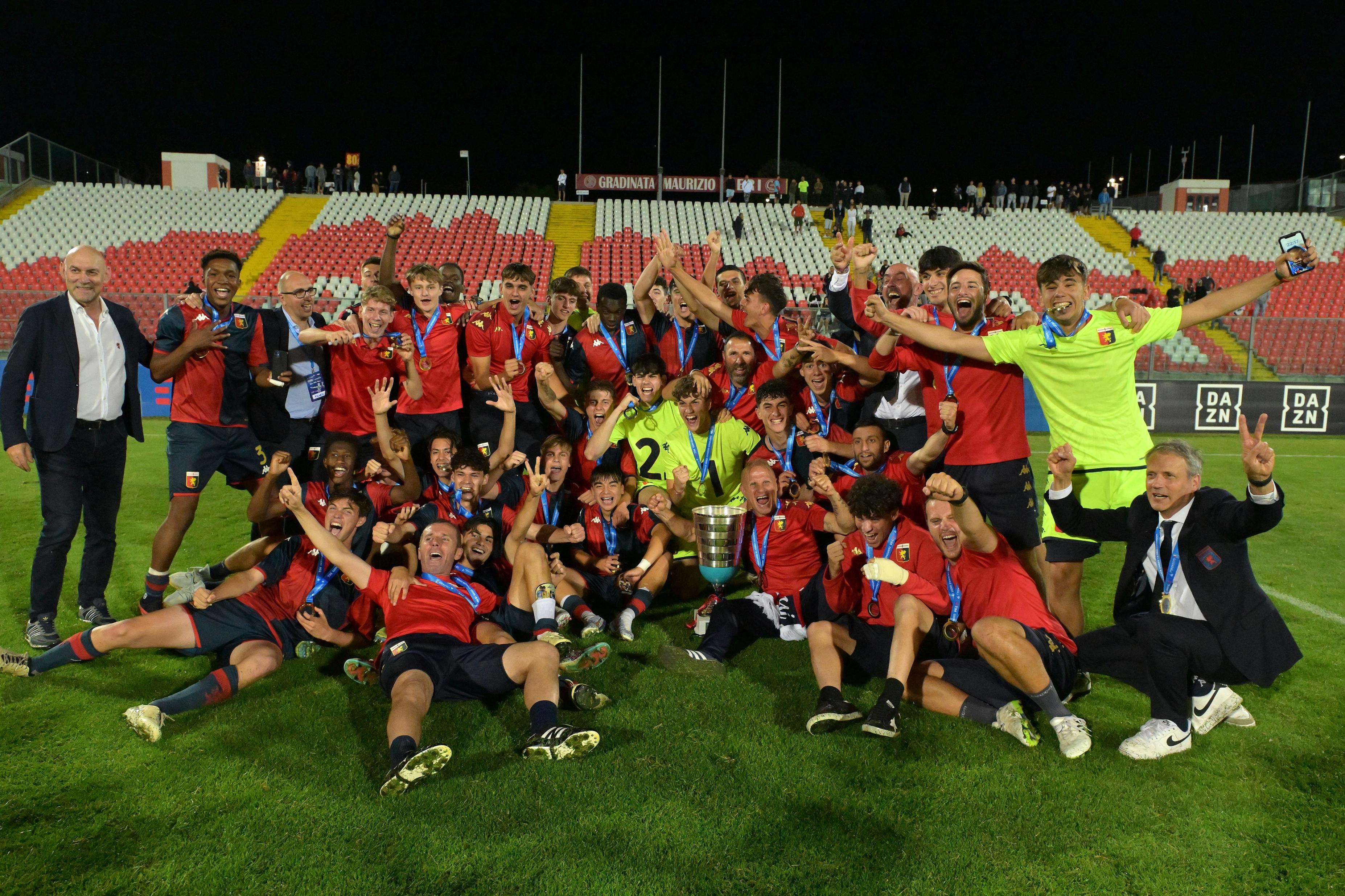 ANCONA, ITALY - JUNE 13 Players of Genoa CFC celebrate the victory after the U18 Final match between AS Roma and Genoa CFC at Del Conero Stadium on June 13, 2024 in Ancona, Italy. (Photo by Giuseppe Bellini/Getty Images)