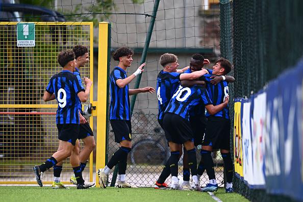 MILAN, ITALY - APRIL 25: Anas El Mahboubi of FC Internazionale U17 celebrates after scoring the first goal with teammates during the match between FC Internazionale U17 and AC Milan U17 at Konamy Youth Development Centre in memory of Giacinto Facchetti on April 25, 2024 in Milan, Italy. (Photo by Mattia Pistoia - Inter/Inter via Getty Images)