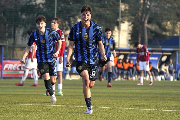 MILAN, ITALY - NOVEMBER 27:  Gabriel Salviato of FC Internazionale U16 celebrates first goal during the match between FC Internazionale U16 and AC Milan U16 at Centro Sportivo Interello Giacinto Facchetti on November 27, 2024 in Milan, Italy. (Photo by Pier Marco Tacca - Inter/Inter via Getty Images)