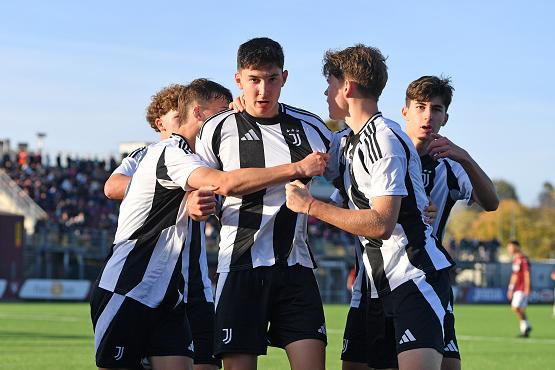 ORBASSANO, ITALY - NOVEMBER 10: Arman Durmisi of Juventus U17 celebrates goal with teammates during the U17 Championship match between Torino U17 and Juventus U17 at Stadio Valentino Mazzola, Orbassano on November 10, 2024 in Turin, Italy. (Photo by Chris Ricco - Juventus FC/Juventus FC via Getty Images)