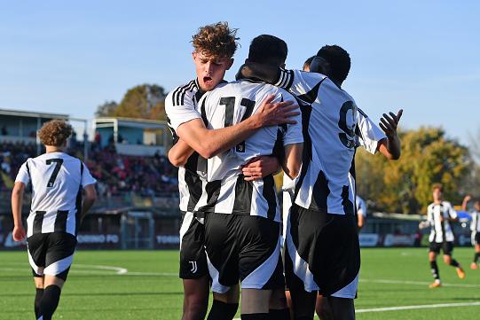 ORBASSANO, ITALY - NOVEMBER 10: Arman Durmisi of Juventus U17 celebrates goal with teammates during the U17 Championship match between Torino U17 and Juventus U17 at Stadio Valentino Mazzola, Orbassano on November 10, 2024 in Turin, Italy. (Photo by Chris Ricco - Juventus FC/Juventus FC via Getty Images)