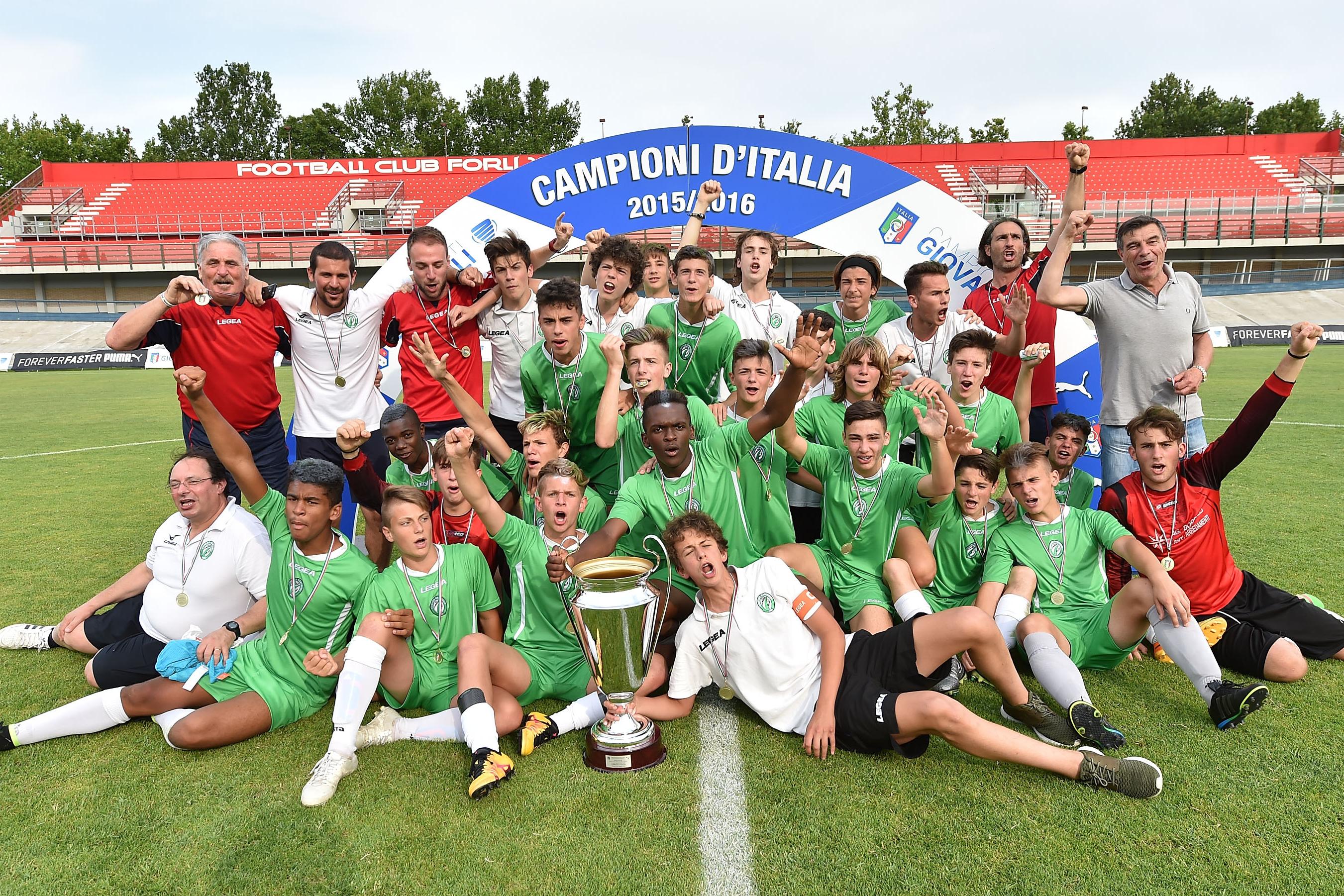 FORLI, ITALY - JUNE 27: Players of Liventina celebrate the victory after the Finale Nazionale Giovanissimi Dilettanti between Virtus Bergamo and Liventina at Tullo Morgagni on June 27, 2016 in Forli, Italy. (Photo by Giuseppe Bellini/Getty Images)