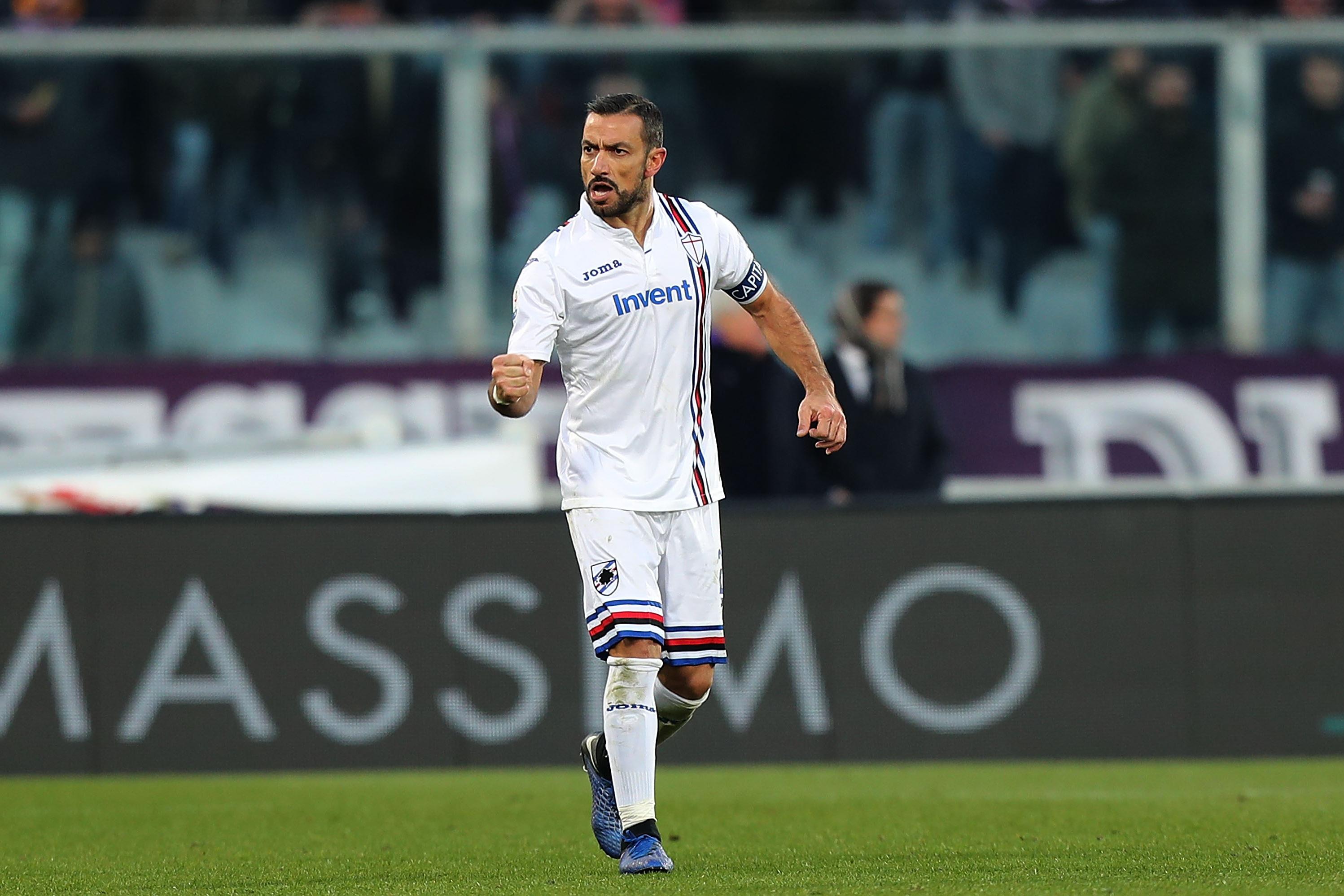 FLORENCE, ITALY - JANUARY 20: Fabio Quagliarella of UC Sampdoria celebrates after scoring a goal during the Serie A match between ACF Fiorentina and UC Sampdoria at Stadio Artemio Franchi on January 20, 2019 in Florence, Italy.  (Photo by Gabriele Maltinti/Getty Images)