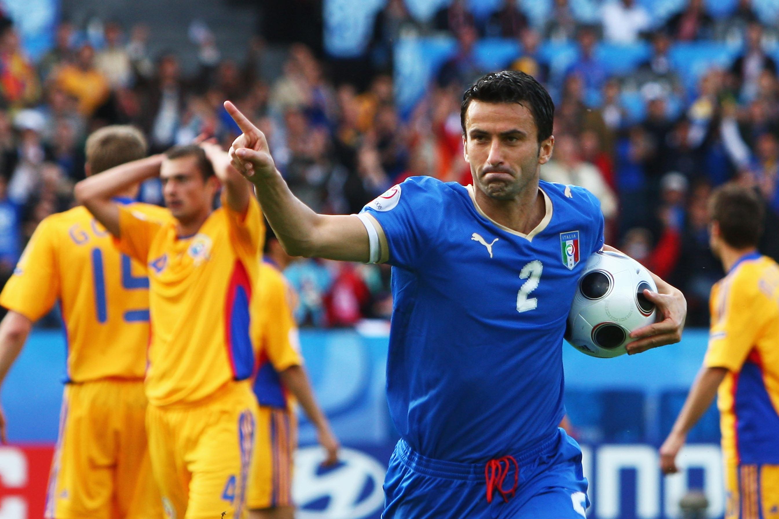 ZURICH, SWITZERLAND - JUNE 13:  Christian Panucci (#2) of Italy celebrates after scoring his teams first goal during the UEFA EURO 2008 Group C match between Italy and Romania at Letzigrund Stadion on June 13, 2008 in Zurich, Switzerland.  (Photo by Alex Livesey/Getty Images)
