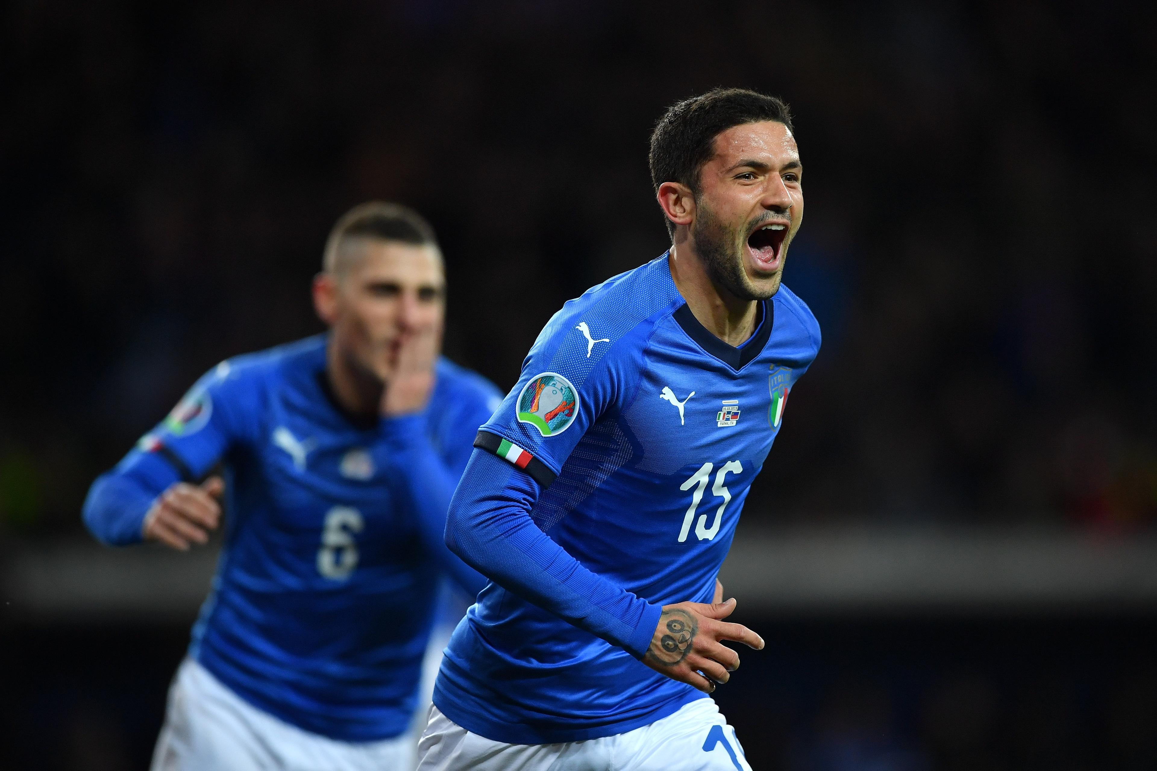 PARMA, ITALY - MARCH 26:  Stefano Sensi of Italy celebrates his opening goal during the 2020 UEFA European Championships group J qualifying match between Italy and Liechtenstein at Ennio Tardini on March 26, 2019 in Parma, Italy.  (Photo by Valerio Pennicino/Getty Images)