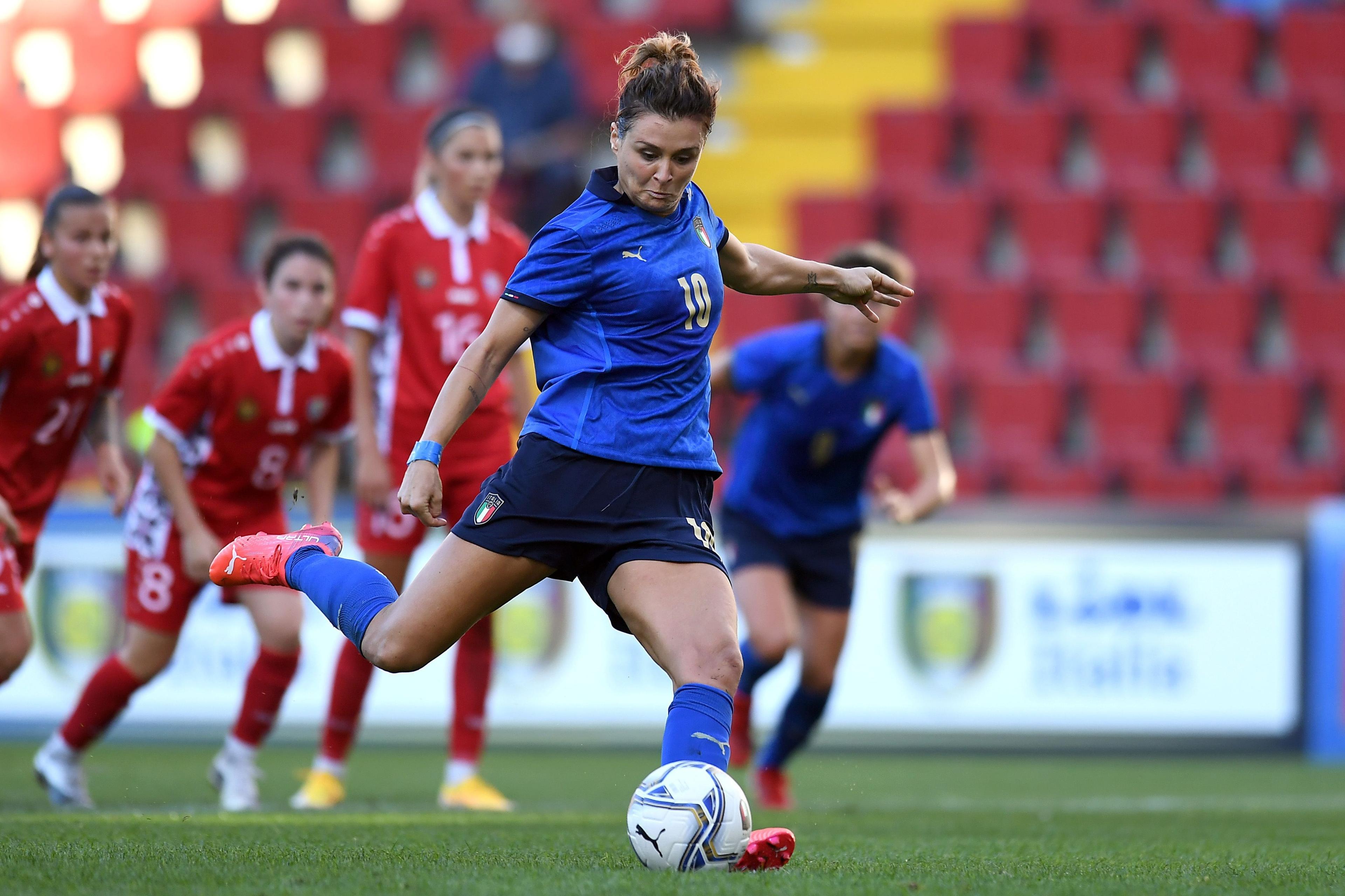 TRIESTE, ITALY - SEPTEMBER 17: Cristiana Girelli of Italy Women \\n scores his team second goal during the FIFA Women\\'s World Cup 2023 Qualifier group G match between Italy and Moldova at Stadio Nereo Rocco on September 17, 2021 in Trieste , Italy. (Photo by Alessandro Sabattini/Getty Images)