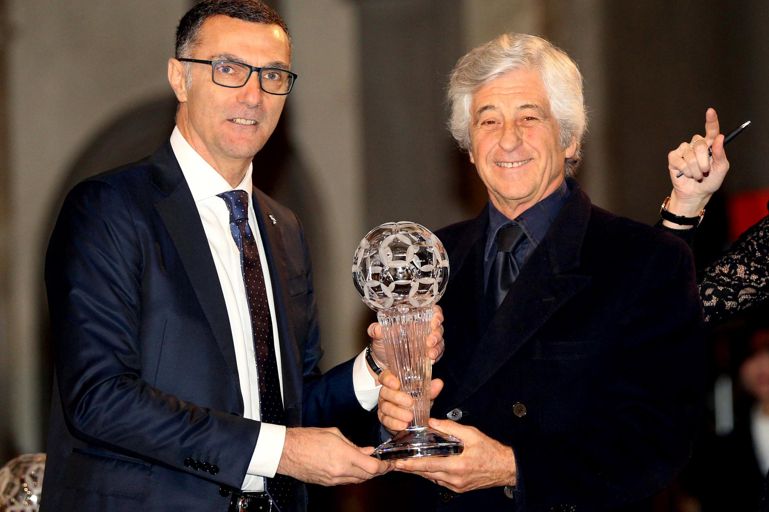 FLORENCE, ITALY - JANUARY 17: Giuseppe Bergomi former player Internazionale FC and former Italian footballer and World FIFA Champion in Spain 1982, now TV commentator for Sky (L) and Gianni Rivera during the Italian Football Federation Hall of Fame ceremony at Palazzo Vecchio on January 17, 2017 in Florence, Italy. (Photo by Gabriele Maltinti/Getty Images)