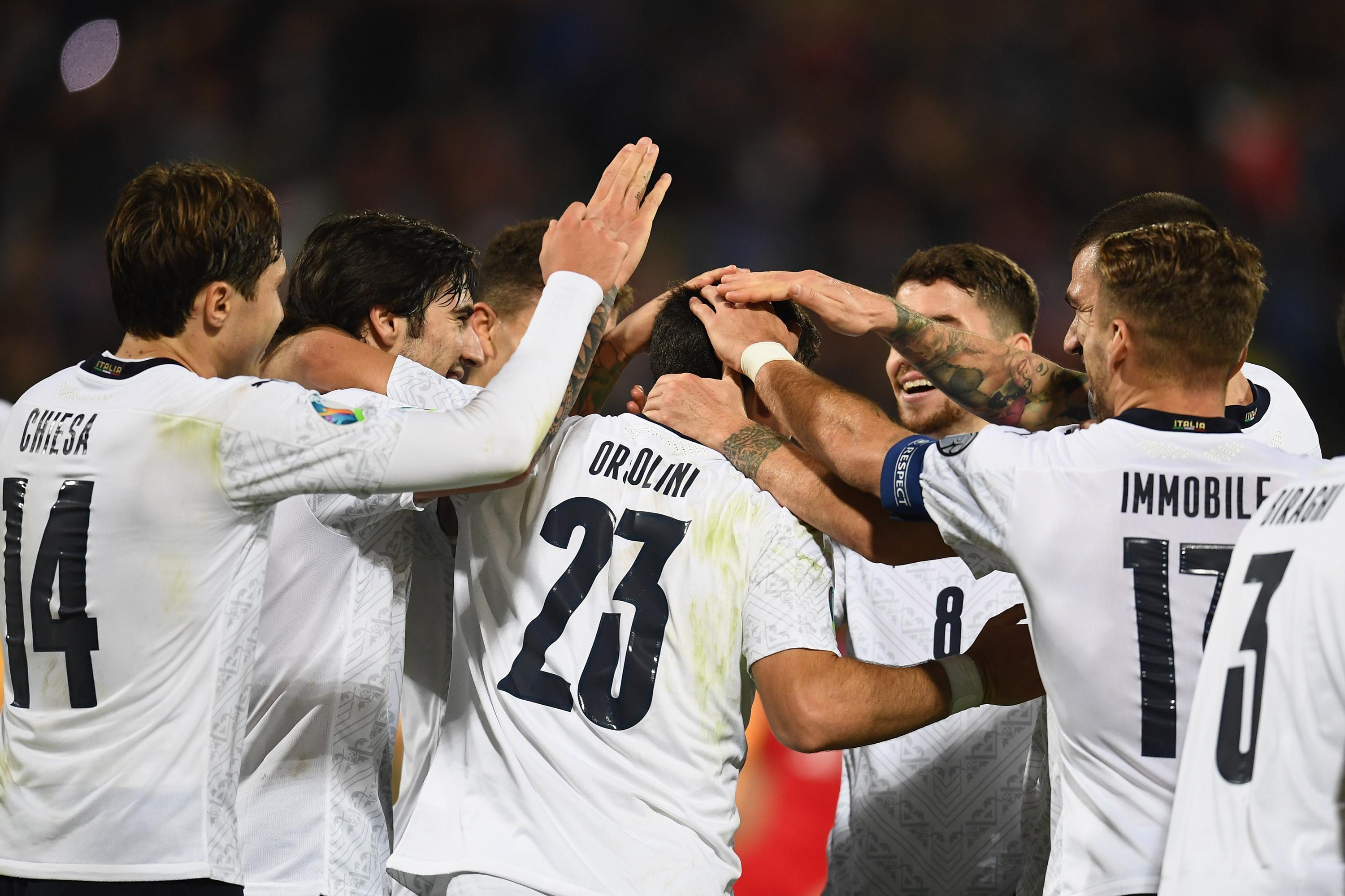 PALERMO, ITALY - NOVEMBER 18:  Riccardo Orsolini of Italy celebrates with team-mates after scoring the goal during the UEFA Euro 2020 Qualifier between Italy and Armenia on November 18, 2019 in Palermo, Italy.  (Photo by Claudio Villa/Getty Images)