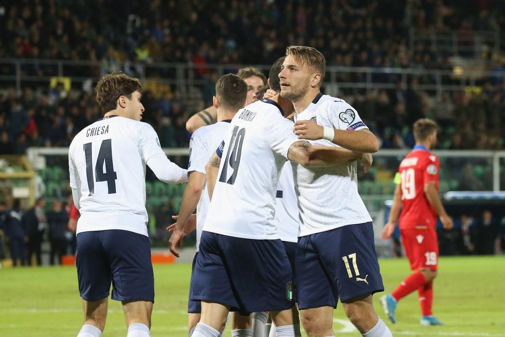 PALERMO, ITALY - NOVEMBER 18: Ciro Immobile of Italy celebrates the opening goal during the UEFA Euro 2020 Qualifier between Italy and Armenia on November 18, 2019 in Palermo, Italy.  (Photo by Maurizio Lagana/Getty Images)