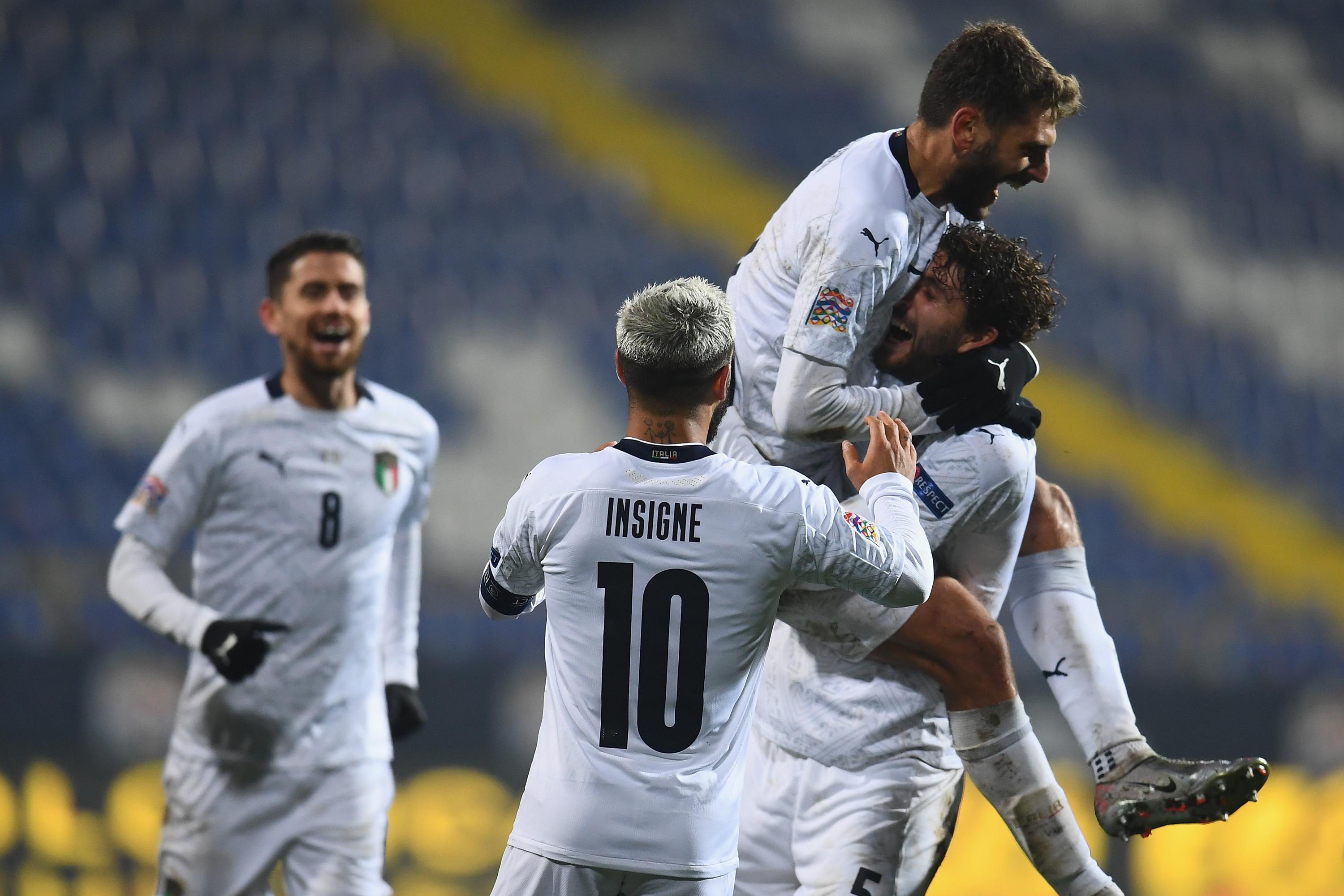 SARAJEVO, BOSNIA AND HERZEGOVINA - NOVEMBER 18:  Domenico Berardi of Italy celebrates with team-mates after scoring the second goal during the UEFA Nations League group stage match between Bosnia-Herzegovina and Italy at Bilino Polje Stadium on November 18, 2020 in Zenica, Bosnia and Herzegovina.  (Photo by Claudio Villa/Getty Images) *** Local Caption *** Domenico Berardi