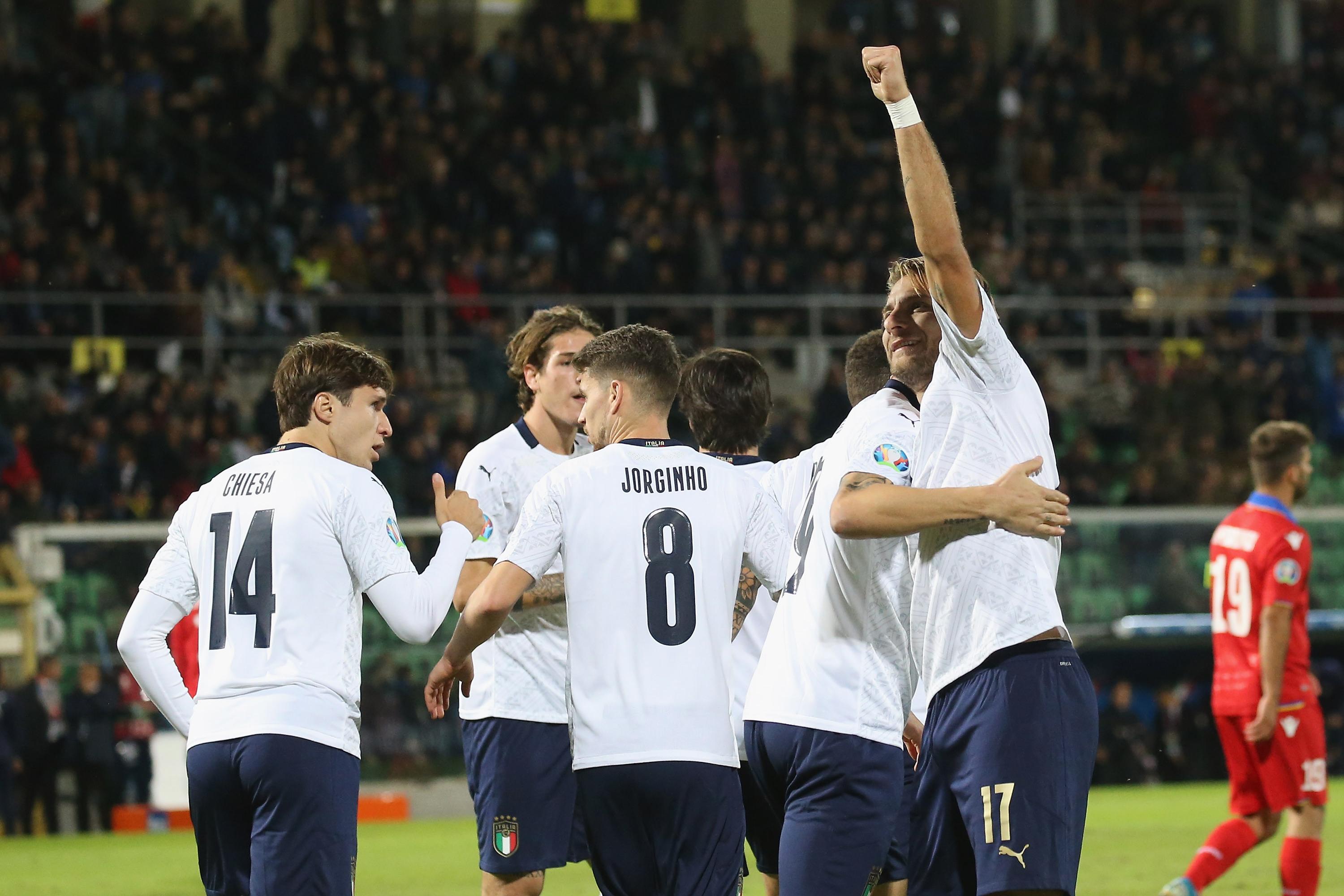 PALERMO, ITALY - NOVEMBER 18: Ciro Immobile of Italy celebrates the opening goal during the UEFA Euro 2020 Qualifier between Italy and Armenia on November 18, 2019 in Palermo, Italy.  (Photo by Maurizio Lagana/Getty Images)