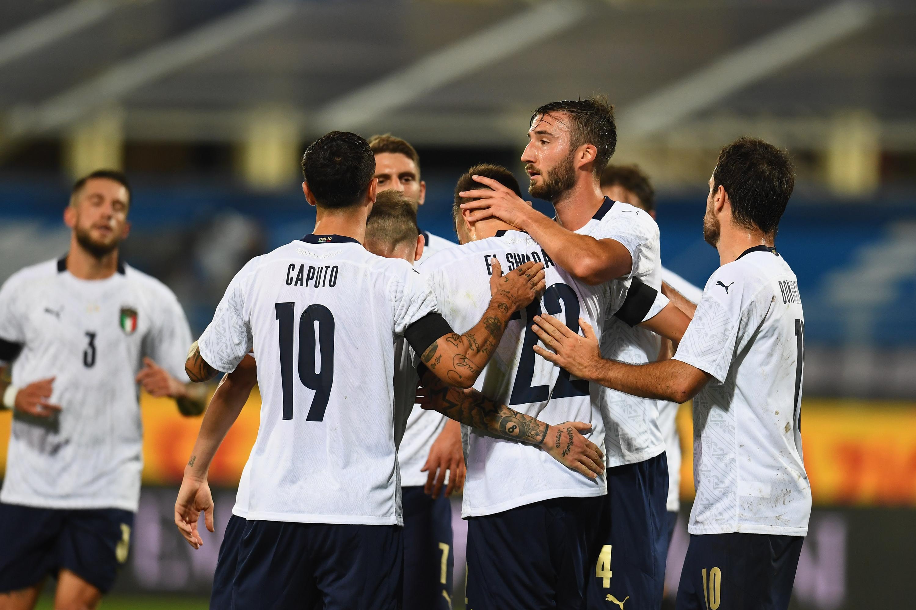 FLORENCE, ITALY - OCTOBER 07:  Stephan El Shaarawy of Italy celebrates after scoring the fourth goal during the international friendly match between Italy and Moldova at Artemio Franchi on October 7, 2020 in Florence, Italy.  (Photo by Claudio Villa/Getty Images)