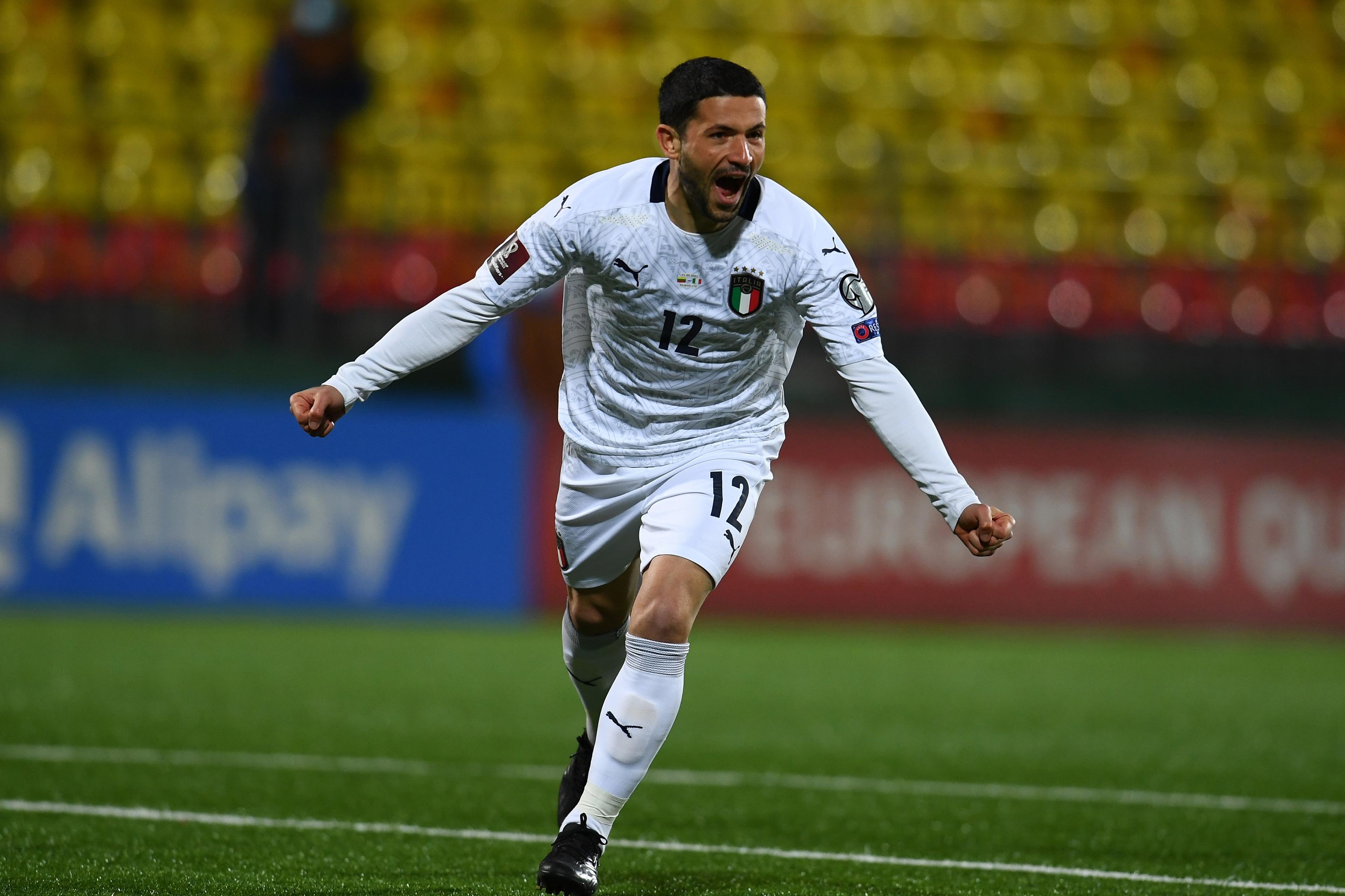 VILNIUS, LITHUANIA - MARCH 31:  Stefano Sensi of Italy celebrates after scoring the opening goal during the FIFA World Cup 2022 Qatar qualifying match between Lithuania and Italy on March 31, 2021 in Vilnius, Lithuania. (Photo by Claudio Villa/Getty Images)