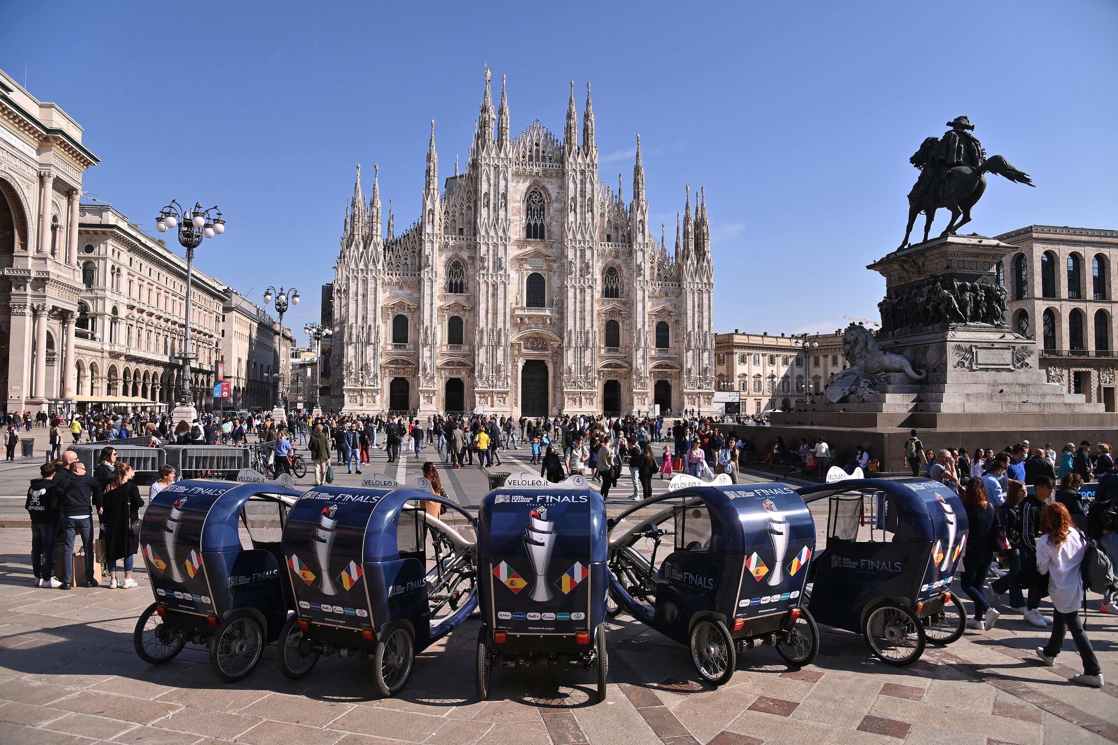MILAN, ITALY - OCTOBER 08: UEFA Nations League Trophy branded velotaxi are seen during the UEFA Nations League 2021 Semi-final match between WSF1 v WSF2 on October 8, 2021 in Milan, Italy. (Photo by Tullio Puglia - UEFA/UEFA via Getty Images)