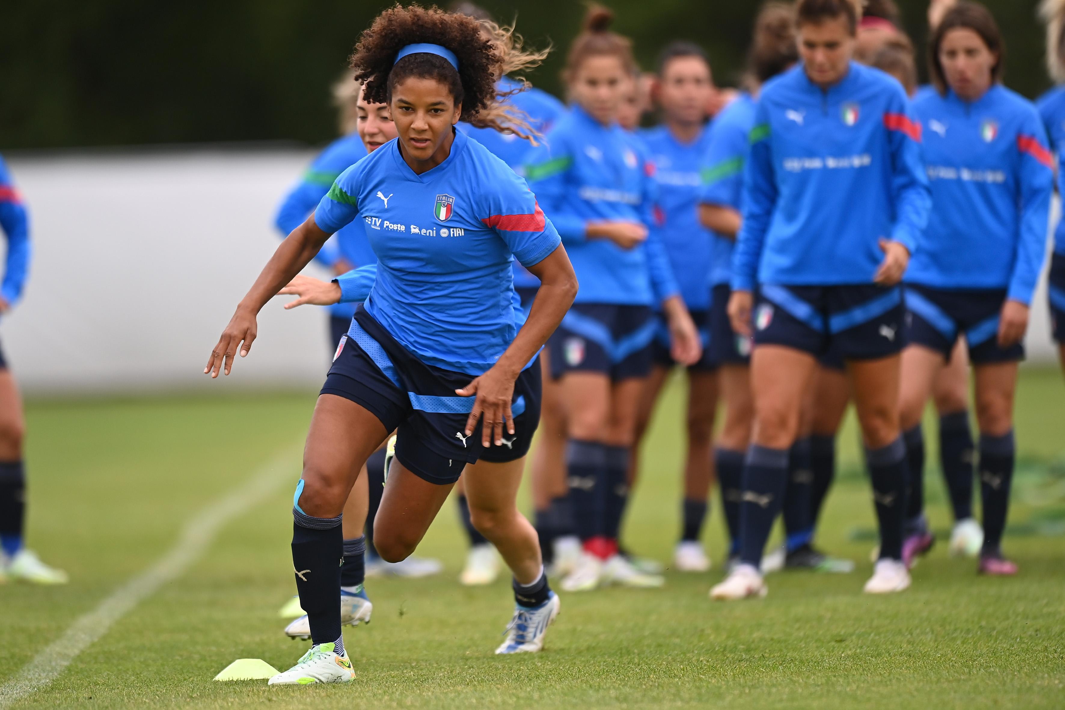 ACCRINGTON, ENGLAND - JULY 06: Sara Gama in action during an Italy Women training session at Accrington Stanley Community Trust Sport Hub on July 06, 2022 in Accrington, England. (Photo by Tullio M. Puglia/Getty Images)