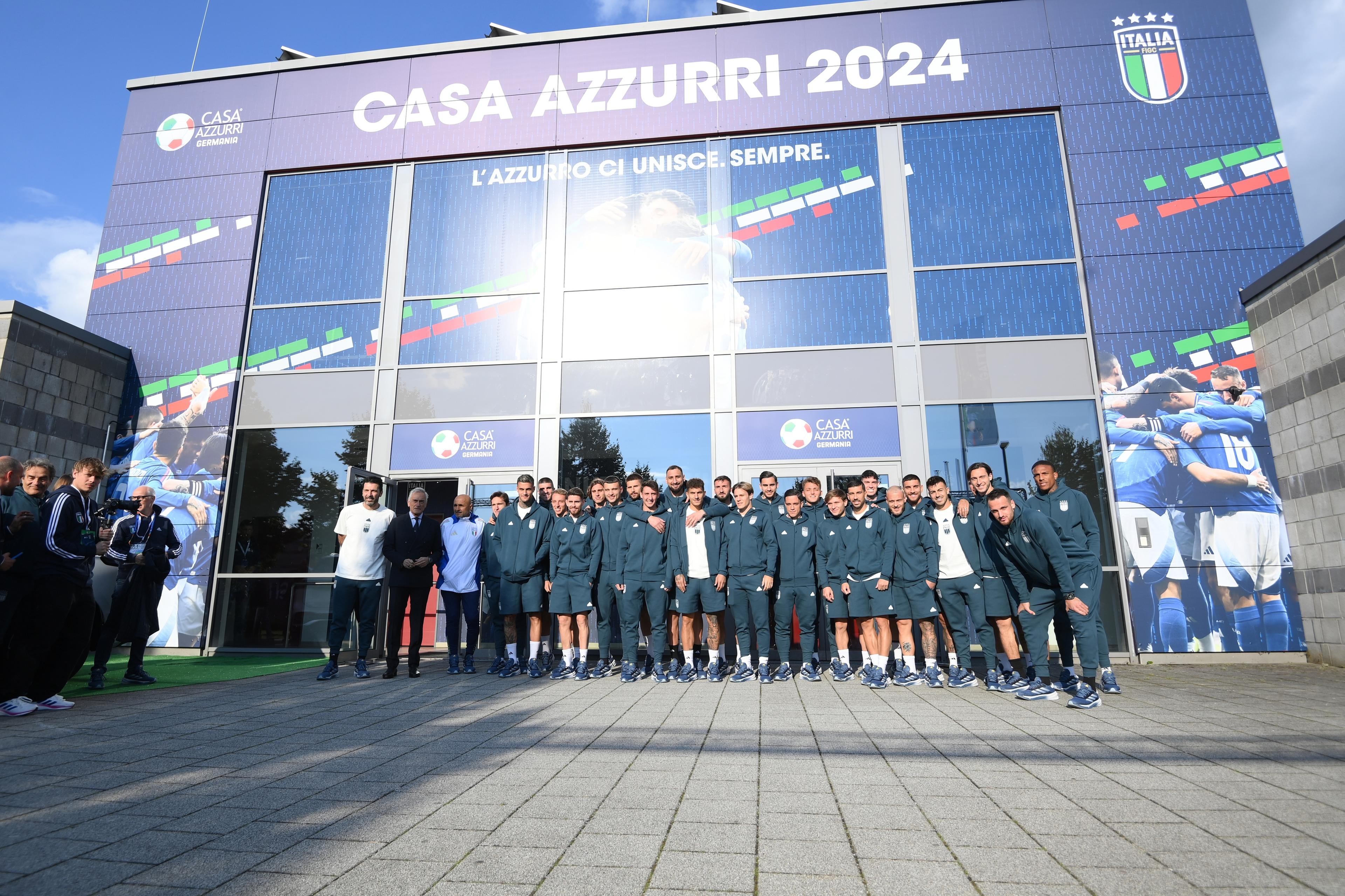 ISERLOHN, GERMANY - JUNE 11: Players of Italy pose during opening Casa Azzurri after training session at Casa Azzurri on June 11, 2024 in Iserlohn, Germany. (Photo by Claudio Villa/Getty Images for FIGC)