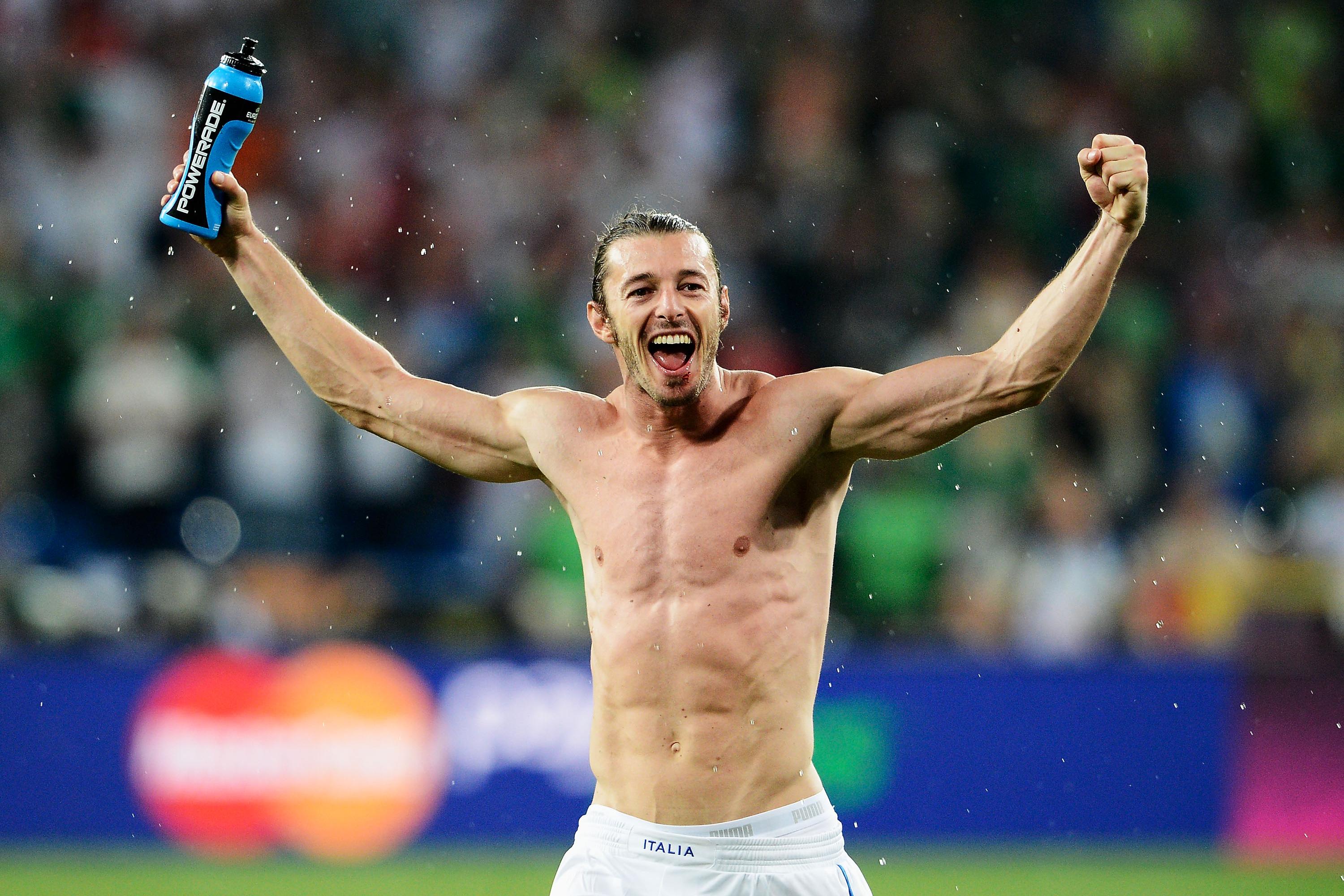 POZNAN, POLAND - JUNE 18: Federico Balzaretti of Italy celebrates victory and progress to the quarter finals during the UEFA EURO 2012 group C match between Italy and Ireland at The Municipal Stadium on June 18, 2012 in Poznan, Poland. (Photo by Claudio Villa/Getty Images)