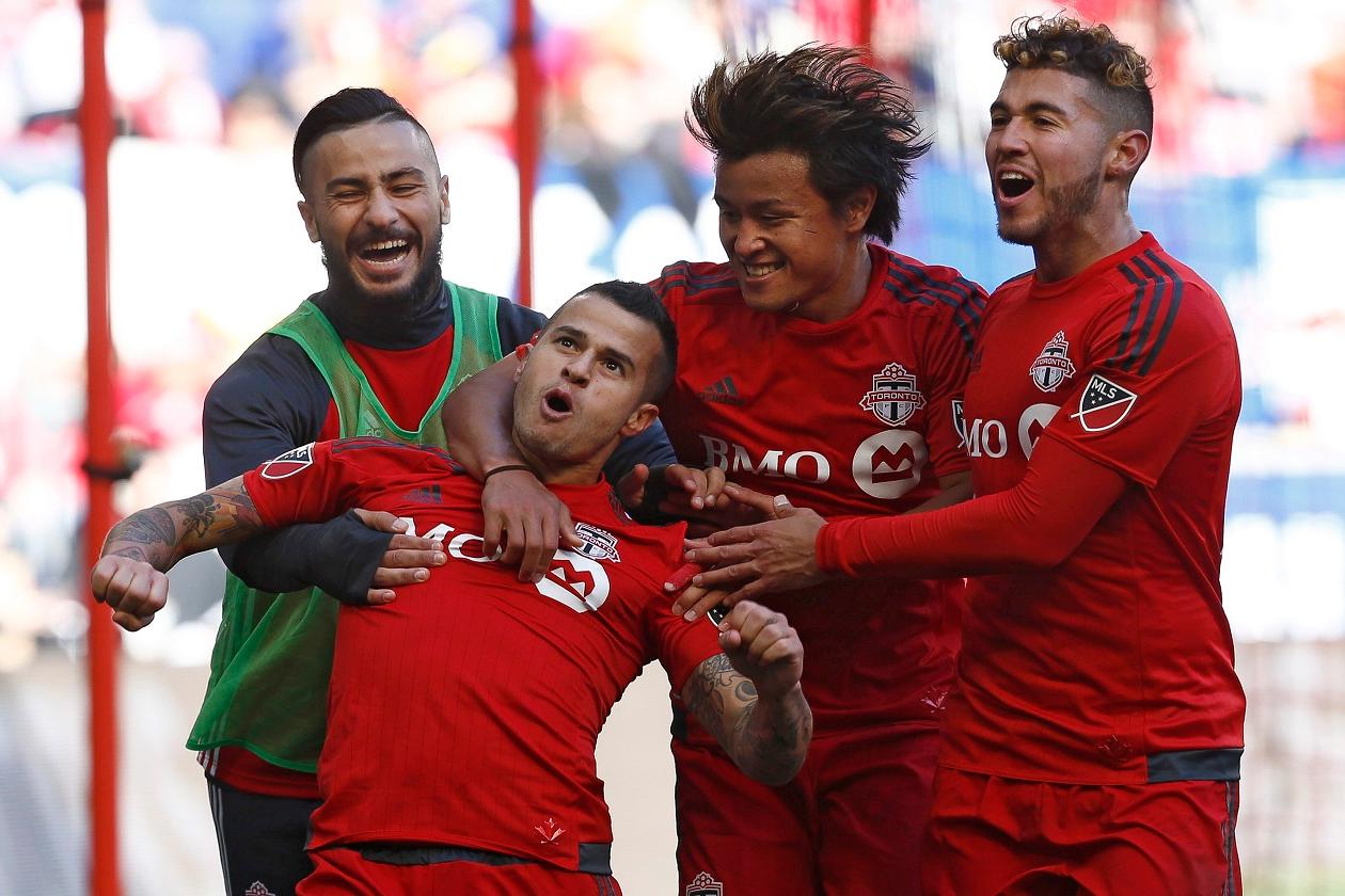 HARRISON, NJ - MARCH 6:  Sebastian Giovinco #10 of Toronto FC celebrates his goal against the New York Red Bulls during their match at Red Bull Arena on March 6, 2016 in Harrison, New Jersey.  (Photo by Jeff Zelevansky/Getty Images)