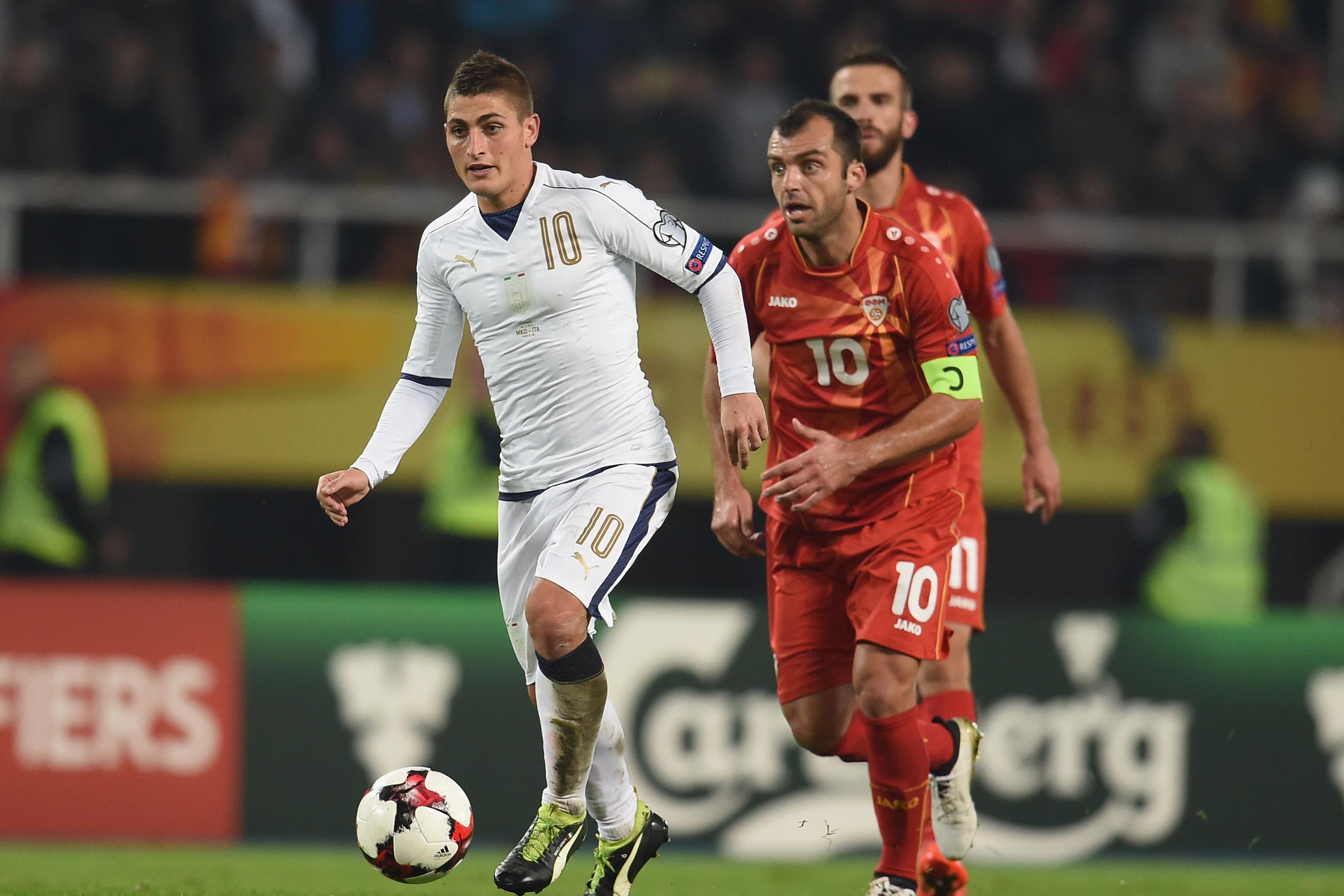 SKOPJE, MACEDONIA - OCTOBER 09:  Marco Verratti of Italy (L) and Goran Pandev of FYR Macedonia compete for the ball during the FIFA 2018 World Cup Qualifier between FYR Macedonia and Italy at Nacionalna Arena Filip II Makedonski on October 9, 2016 in Skopje, Macedonia.  (Photo by Claudio Villa/Getty Images)