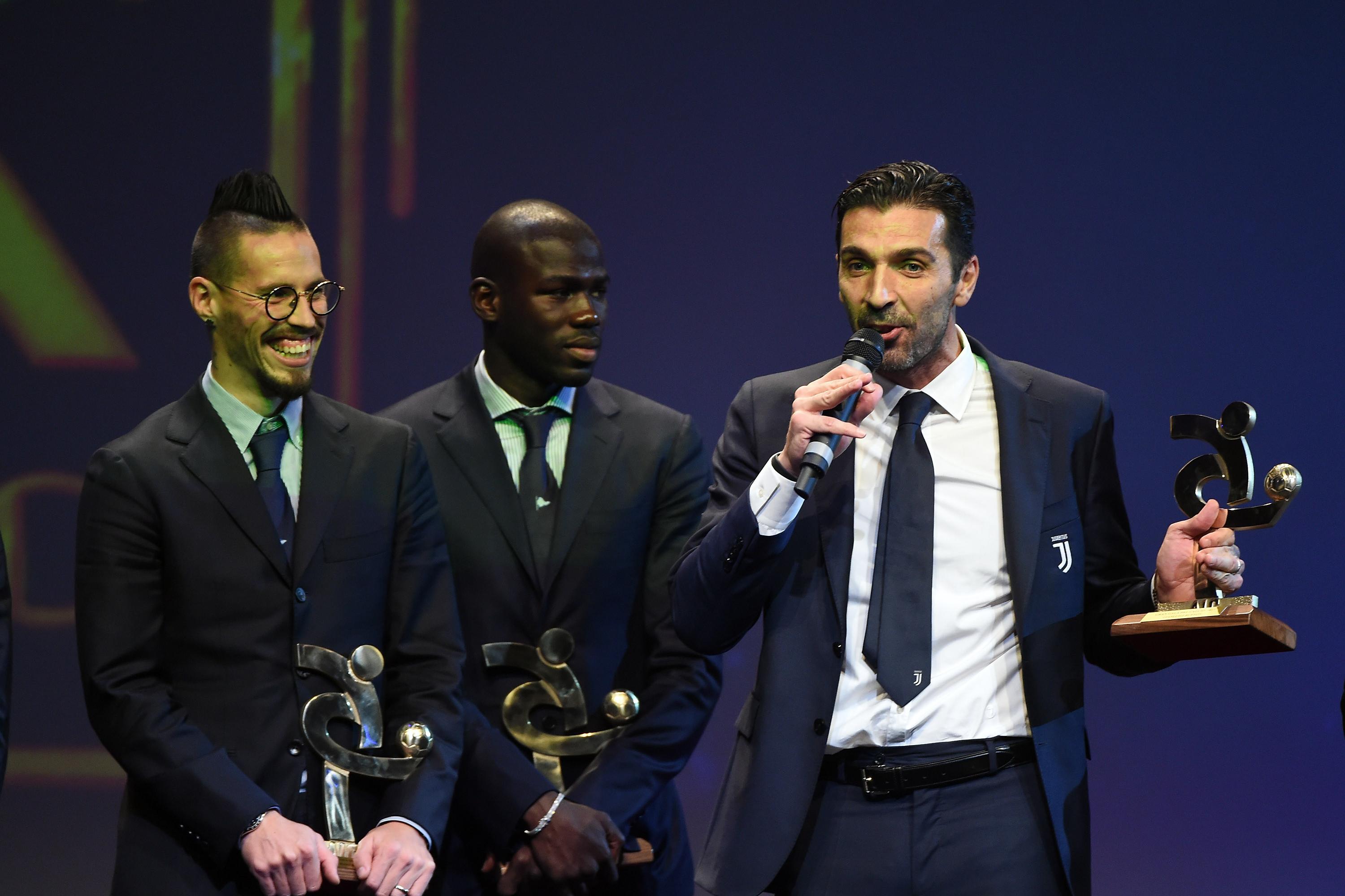 MILAN, ITALY - NOVEMBER 27:  (L-R) Marek Hamsik, Kalidou Koulibaly and Gianluigi Buffon attends the Gran Gala Del Calcio 2017 on November 27, 2017 in Milan, Italy.  (Photo by Pier Marco Tacca/Getty Images)