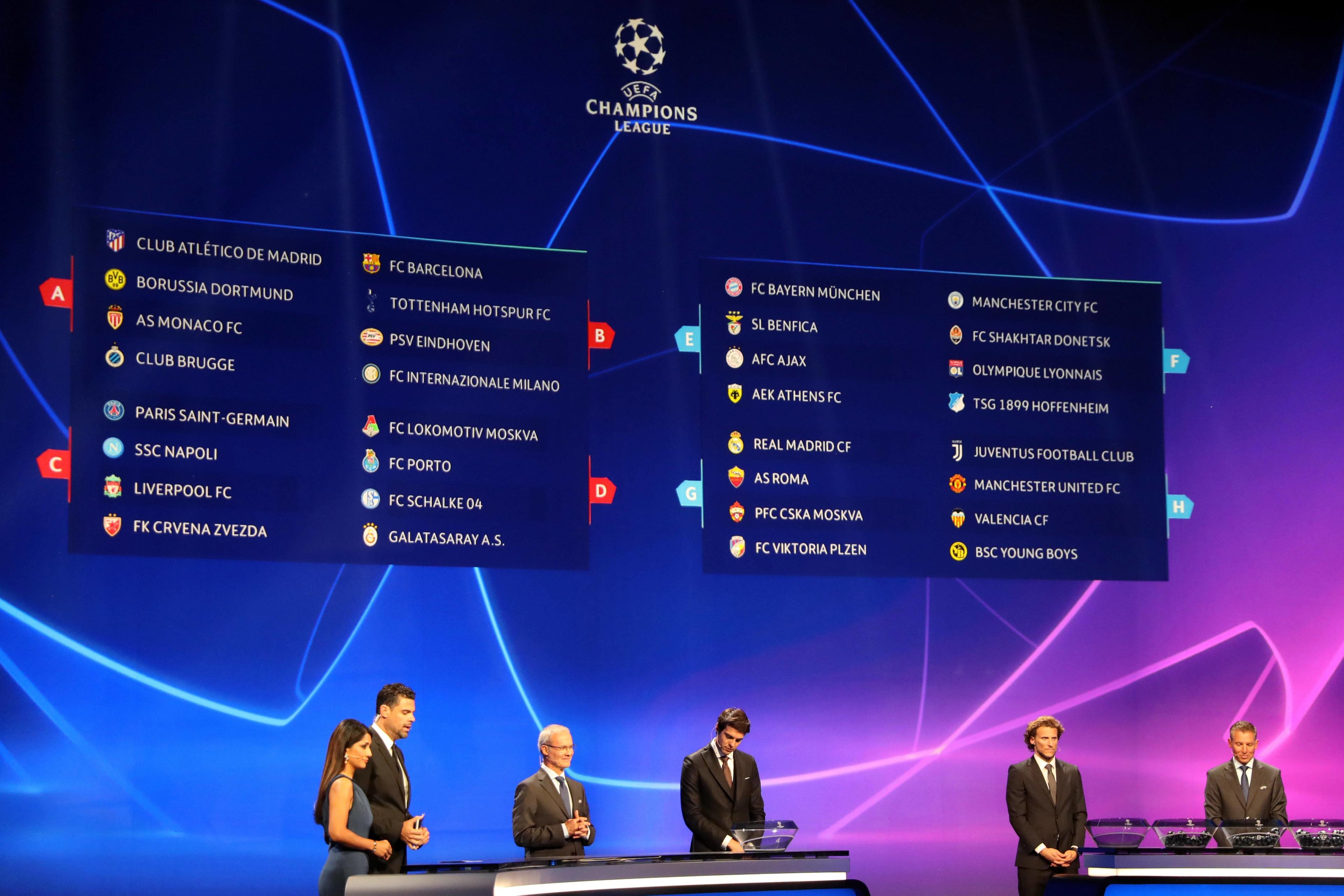 A board displays the result of the draw for UEFA Champions League football tournament at The Grimaldi Forum in Monaco on August 30, 2018. (Photo by Valery HACHE / AFP)        (Photo credit should read VALERY HACHE/AFP/Getty Images)