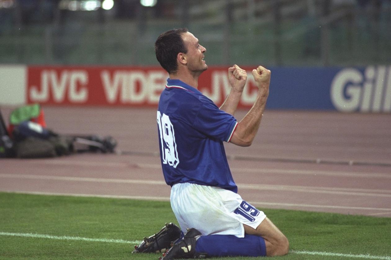 30 Jun 1990:   Salvatore Schillaci of Italy celebrates as he scores a goal during the World Cup Quarter Final match against the Republic of Ireland in Rome. Italy won the match 1-0. \\\\ Mandatory Credit: Billly  Stickland/Allsport