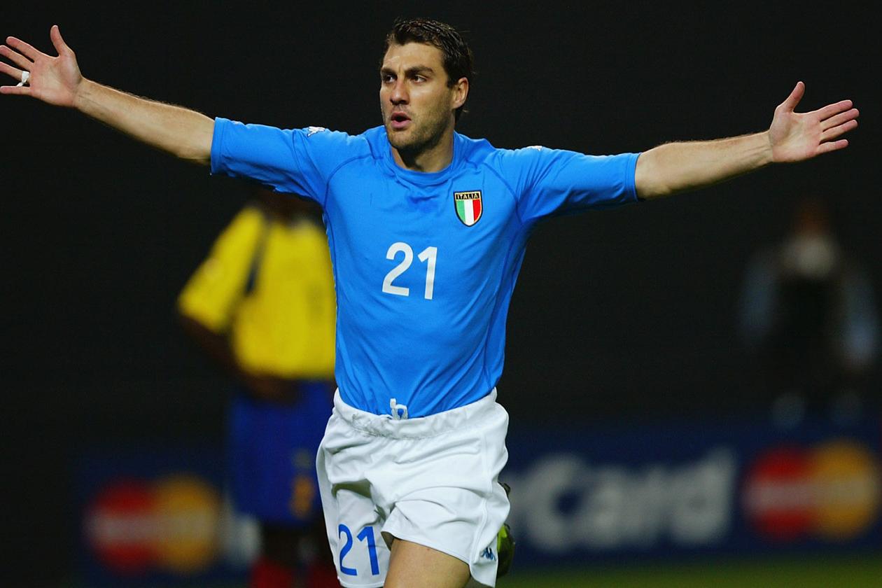 SAPPORO - JUNE 3:  Christian Vieri of Italy celebrates a goal during the 1st half of the Italy v Ecuador, Group G, World Cup Group Stage match played at the Sapporo Dome, Sapporo, Japan on June 3, 2002. Italy won the match 2 - 0. (Photo by Koji Aoki/ AFLO/Getty Images)