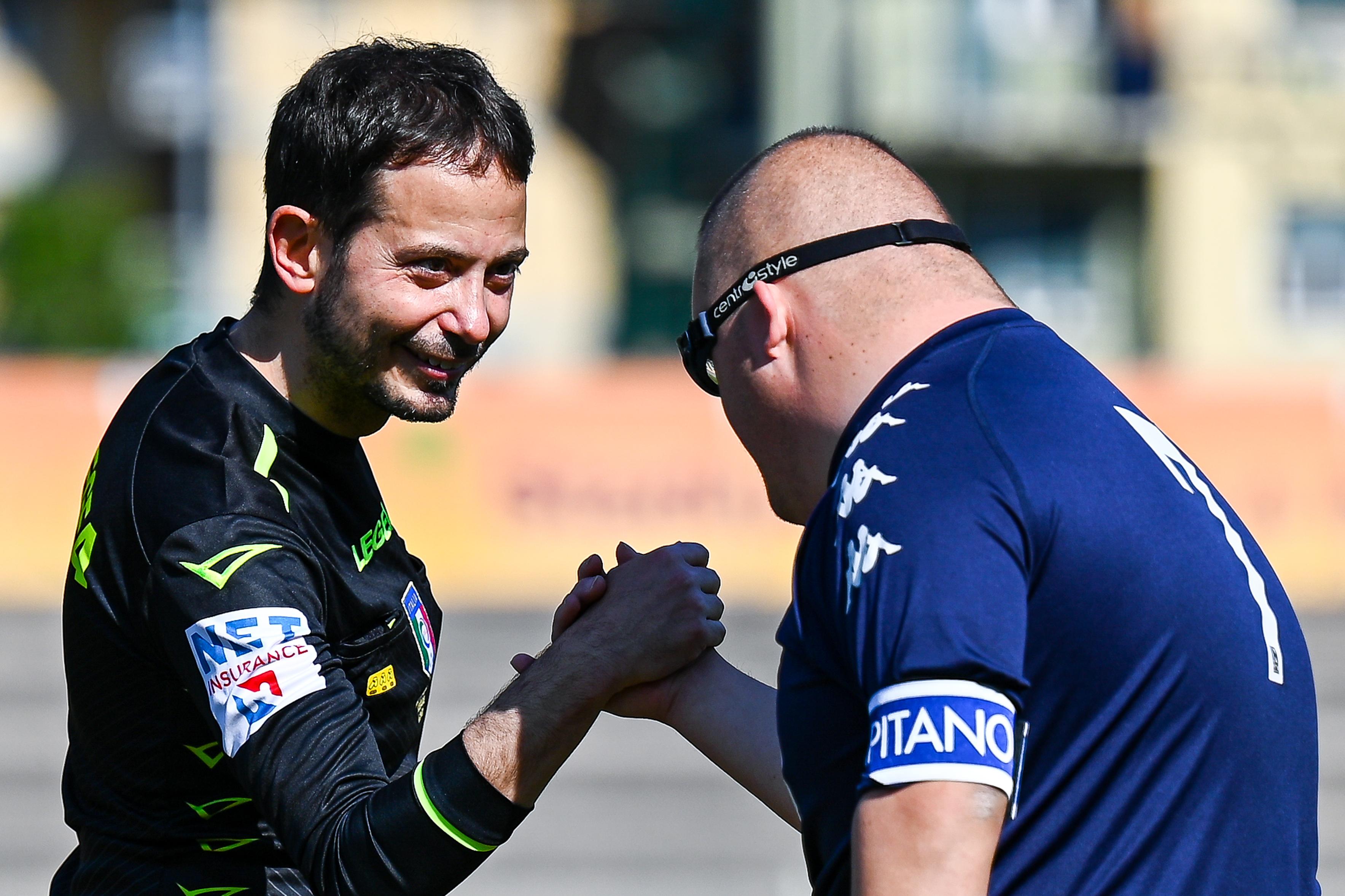 GENOA, ITALY - MAY 6: Referee greets captain of Insuperabili Team B during the Figc Dcps Tournament Finals - Liguria on May 6, 2023 in Genoa, Italy. (Photo by Simone Arveda/Getty Images)