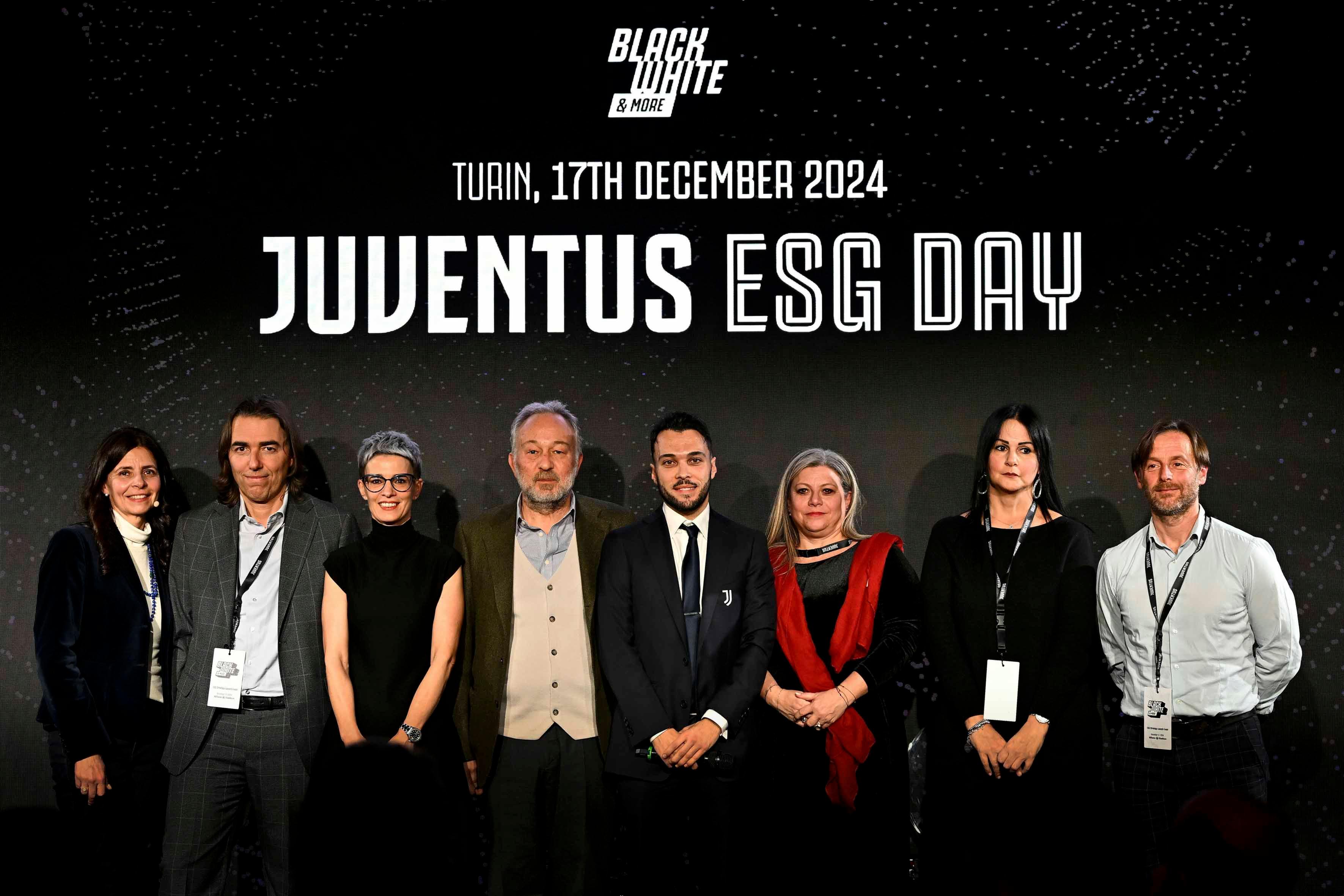 TURIN, ITALY - DECEMBER 17: (L-R) Maria Luisa Colledani, Tiberio Daddi, Greta Bodino, Gianluca Ferrero, Felice Fabrizio, Carla Chiarla, Stefania Urso, Marco Tealdo during Juventus Black White & More Event on December 17, 2024 in Turin, Italy. (Photo by Diego Puletto - Juventus FC/Juventus FC via Getty Images)