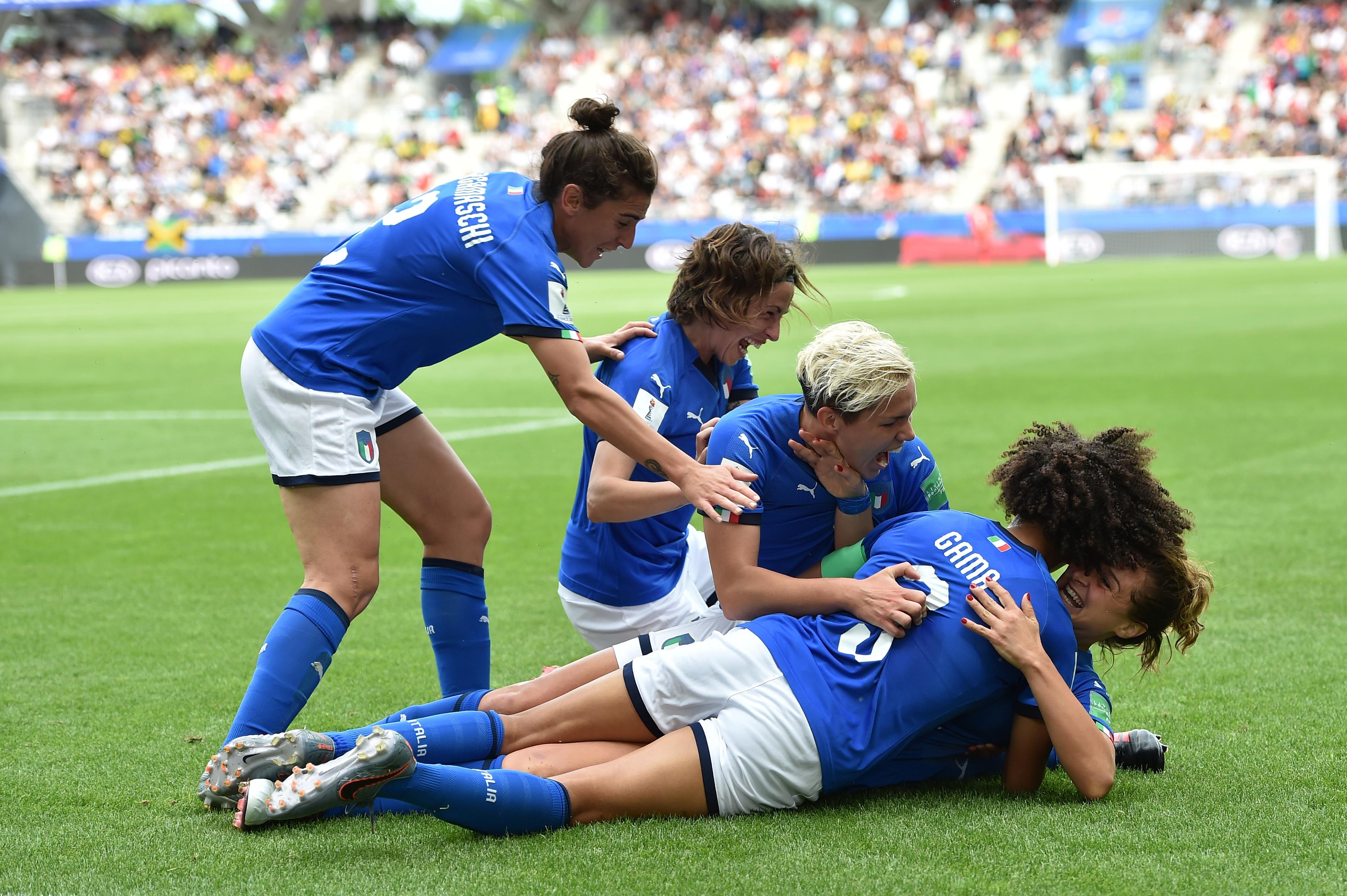 REIMS, FRANCE - JUNE 14: Cristiana Girelli of Italy celebrates after scoring her second goal during the 2019 FIFA Women's World Cup France group C match between Jamaica and Italy at Stade Auguste Delaune on June 14, 2019 in Reims, France. (Photo by Tullio M. Puglia/Getty Images)