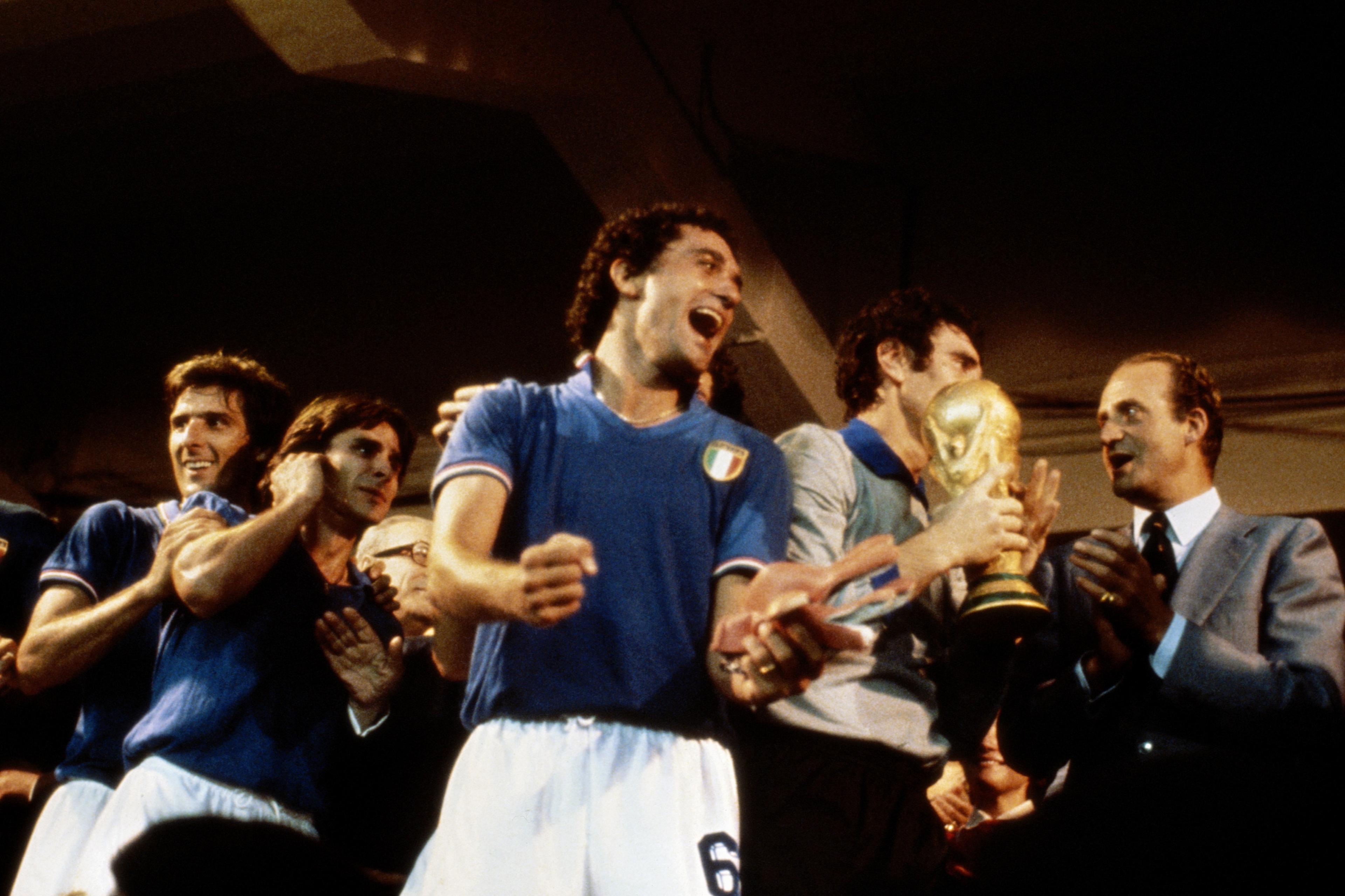 Claudio Gentile of Italy celebrates winning the 1982 FIFA World Cup Final against West Germany on 11th July 1982 at the Santiago Bernabeu Stadium in Madrid, Spain. Italy defeated West Germany 3-1. (Photo by Steve Powell/Getty Images) 