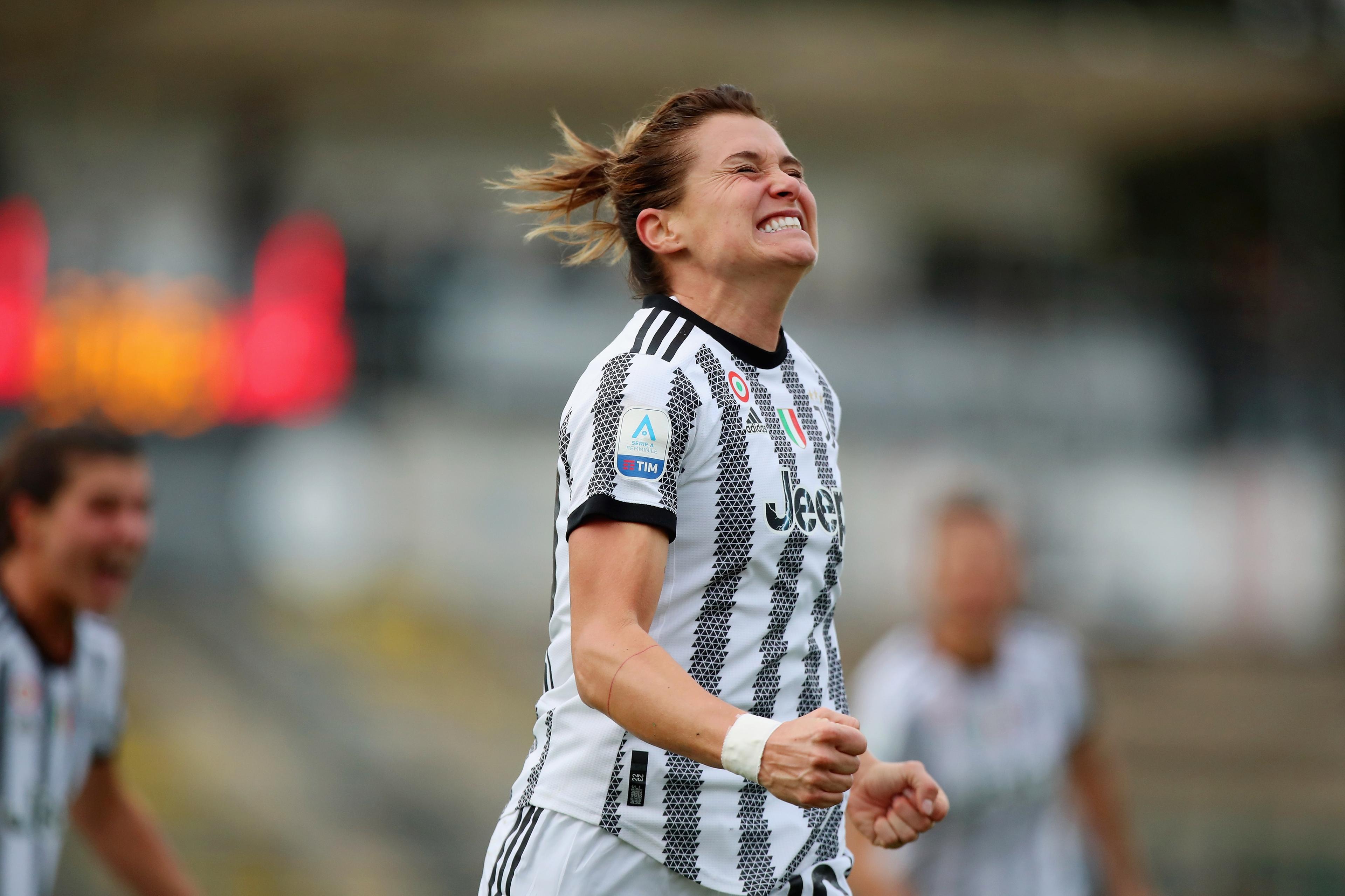 ROME, ITALY - DECEMBER 11: Cristiana Girelli of Juventus celebrates after scoring the team's second goal during the Women Serie A match between AS Roma women and Juventus women at Tre Fontane sport centre on December 11, 2022 in Rome, Italy. (Photo by Paolo Bruno/Getty Images ) *** Local Caption *** Cristiana Girelli
