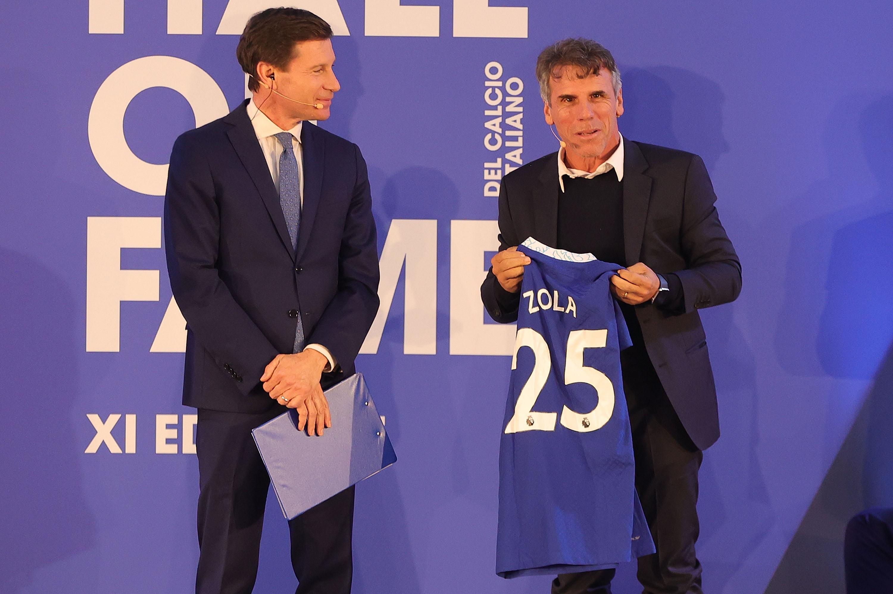 FLORENCE, ITALY - NOVEMBER 13: Gianfranco Zola former footballer of Nuorese, Torres, Napoli, Parma, Chelsea and Cagliari during FIGC Hall of Fame at Centro Tecnico Federale di Coverciano on November 13, 2023 in Florence, Italy. (Photo by Gabriele Maltinti/Getty Images) *** Local Caption *** Gianfranco Zola