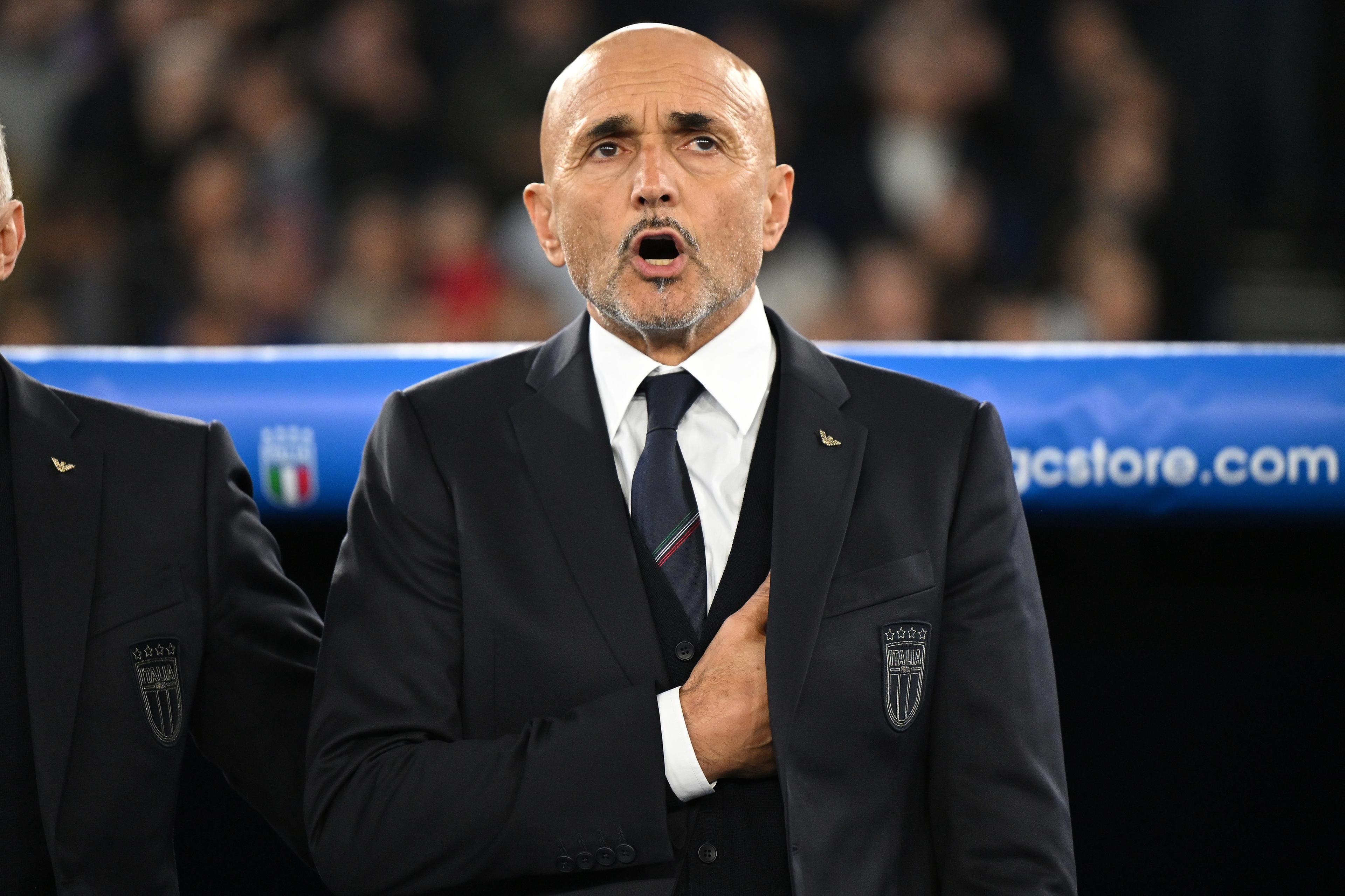 ROME, ITALY - NOVEMBER 17:  Head coach of Italy Luciano Spalletti sing the national anthem prio to the UEFA EURO 2024 European qualifier match between Italy and North Macedonia at Stadio Olimpico on November 17, 2023 in Rome, Italy. (Photo by Claudio Villa/Getty Images)