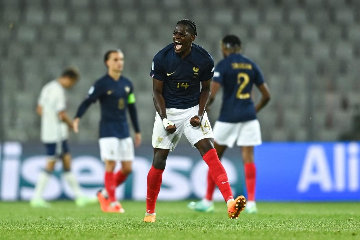 CLUJ-NAPOCA, ROMANIA - JUNE 22: Junior Castello Lukeba of France celebrates after the UEFA Under-21 EURO 2023 Finals Group D match between France and Italy at the Cluj Arena on June 22, 2023 in Cluj Napoca, Romania. (Photo by E\\u00F3in Noonan - Sportsfile/UEFA via Getty Images)