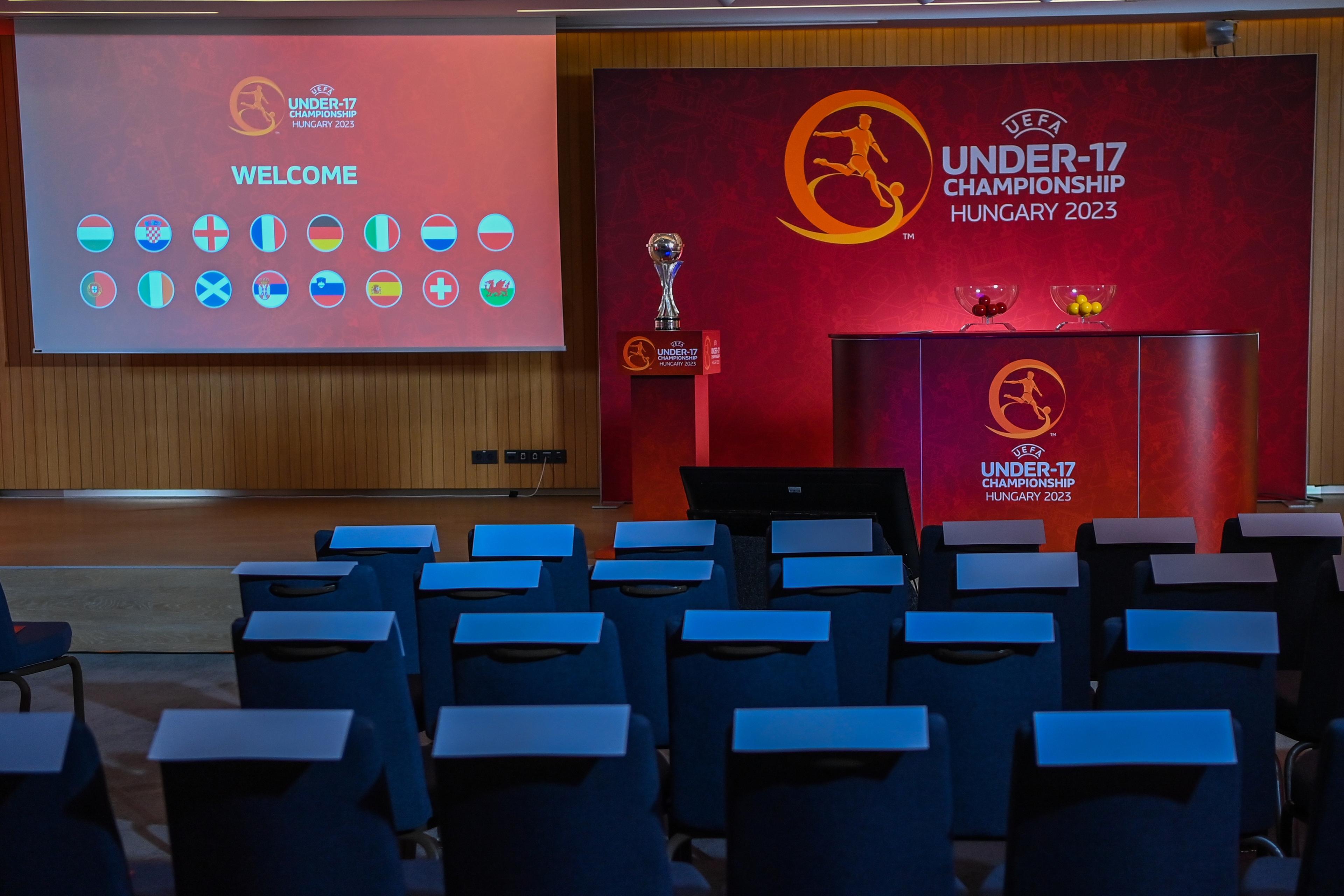 BUDAPEST, HUNGARY \\u2013 APRIL 3: The drawing hall during the UEFA European Under-17 Championship 2022/23 Final Tournament Draw at Ensana Thermal Margitsziget on April 3, 2023, in Budapest, Hungary. (Photo by Tibor Illyes)