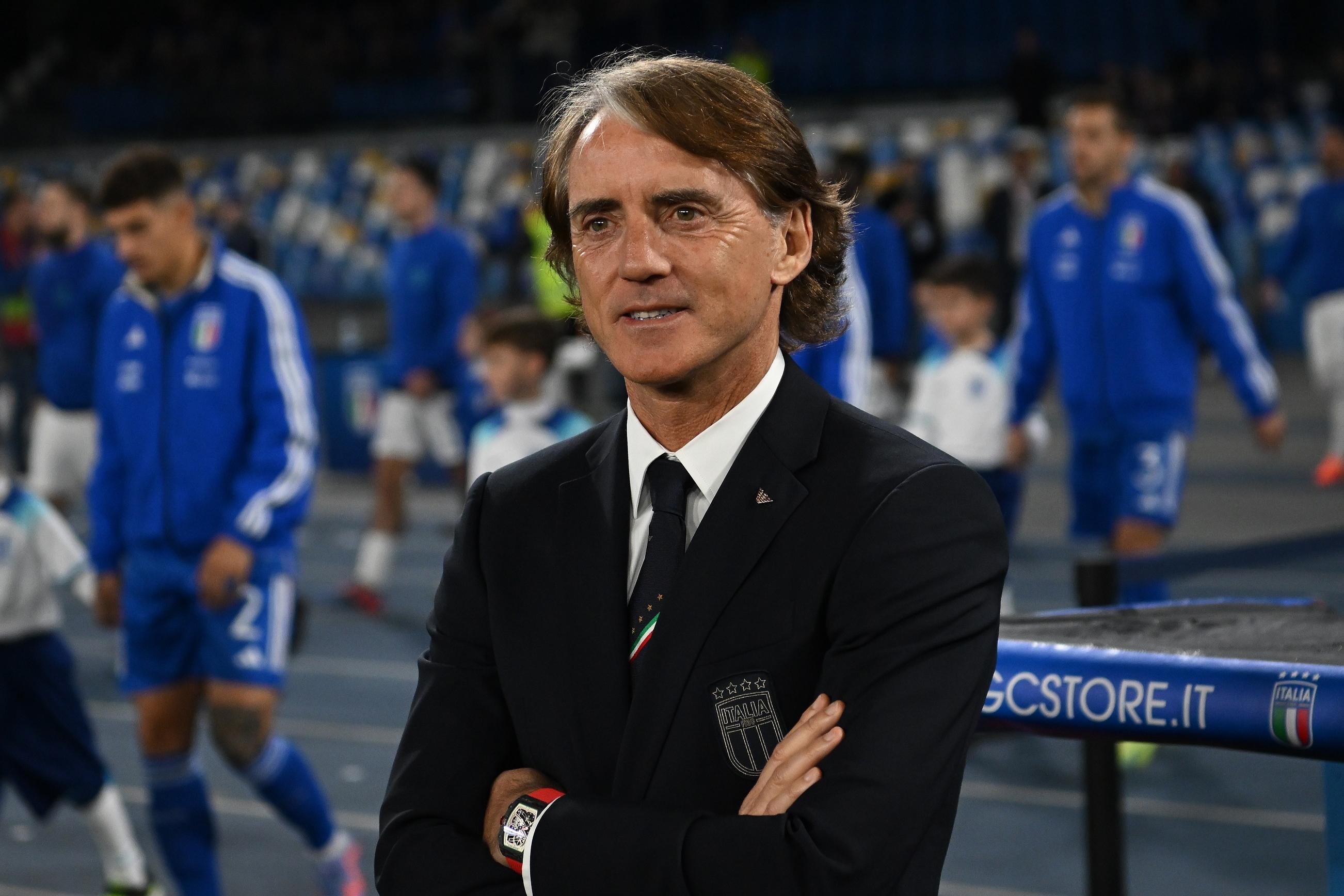 NAPLES, ITALY - MARCH 23: Head coach of Italy Roberto Mancini attends before the UEFA EURO 2024 qualifying round group C match between Italy and England at Stadio Diego Armando Maradona on March 23, 2023 in Naples, Italy. (Photo by Claudio Villa/Getty Images )