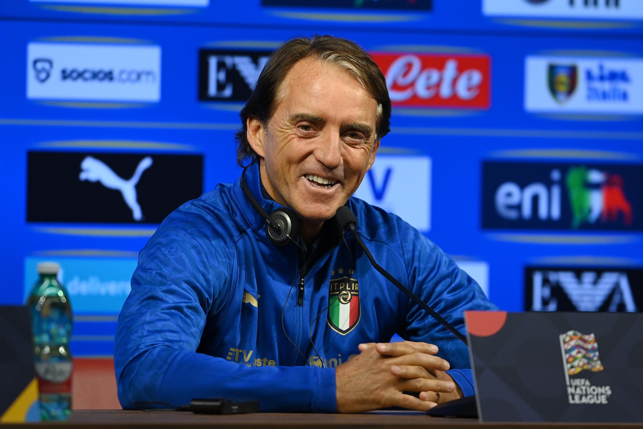 BUDAPEST, HUNGARY - SEPTEMBER 25: Head coach Italy Roberto Mancini speaks with the media during press conference on September 25, 2022 in Budapest, Hungary. (Photo by Claudio Villa/Getty Images)