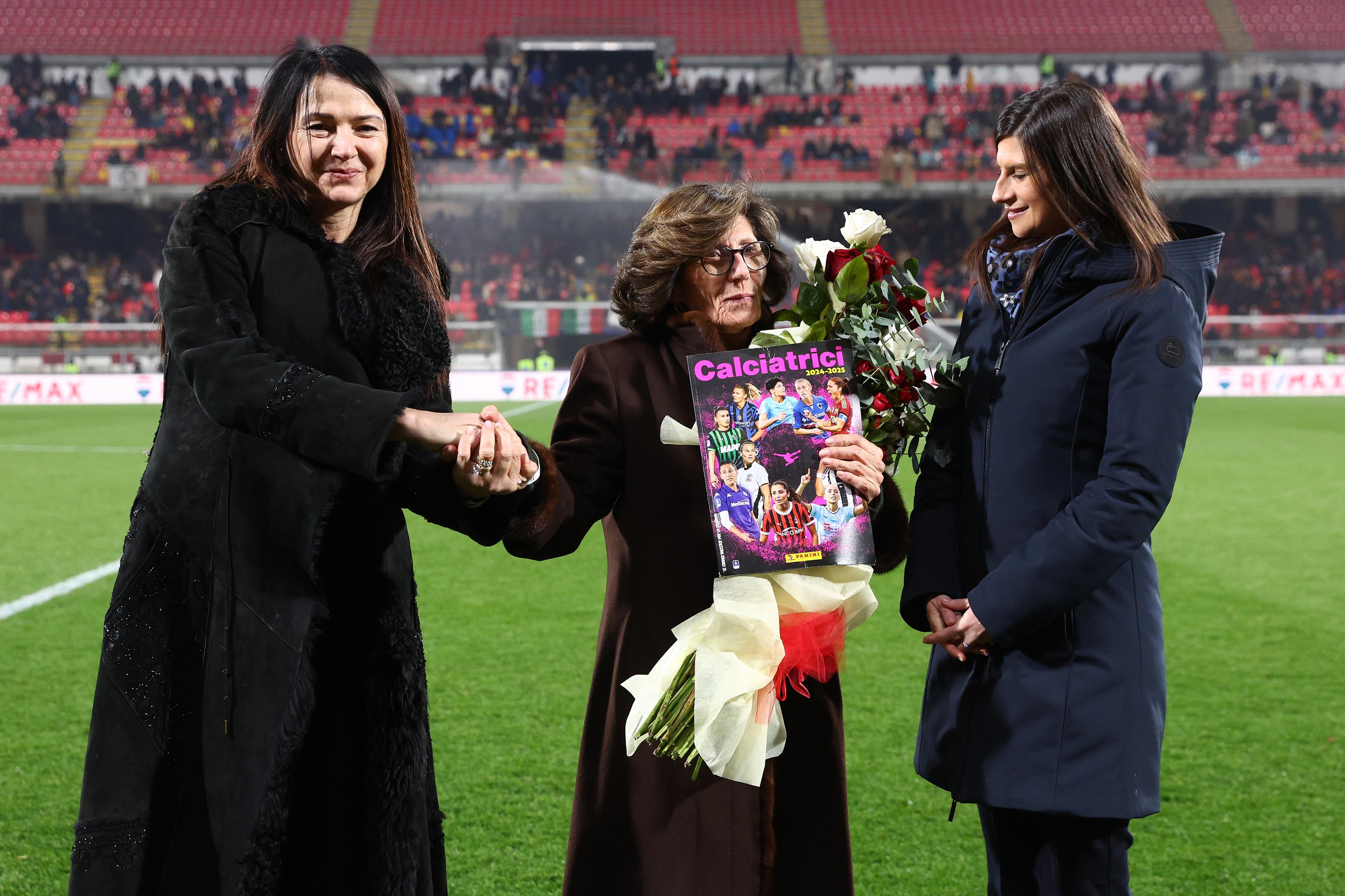 MONZA, ITALY - FEBRUARY 21: Federica Cappelletti, FIGC Divisione Serie A Women President, Natalina Cerasi Levati and Laura Tinari, Divisione B President, pose for a photo the UEFA Women\\'s Nations League 2024/25 Group A4 MD1 match between Italy and Wales at Stadio Brianteo on February 21, 2025 in Monza, Italy. (Photo by Francesco Scaccianoce/FIGC via Getty Images)