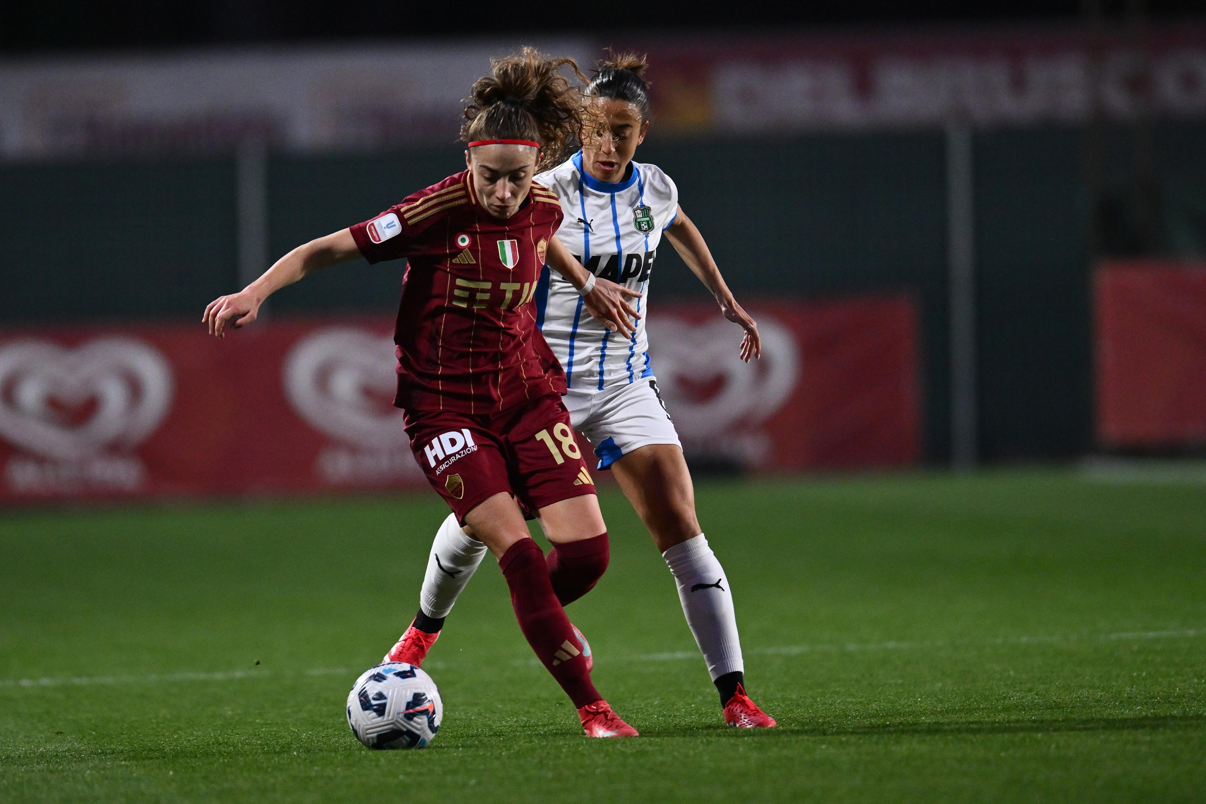 Benedetta Glionna of A.S. Roma Femminile and Martina Brustia of U.S. Sassuolo Femminile play during the semi-finals of the Coppa Italia Women's between A.S. Roma and U.S. Sassuolo Femminile at the Tre Fontane Stadium in Rome, Italy, on March 5, 2025. (Photo by Domenico Cippitelli/NurPhoto via Getty Images)