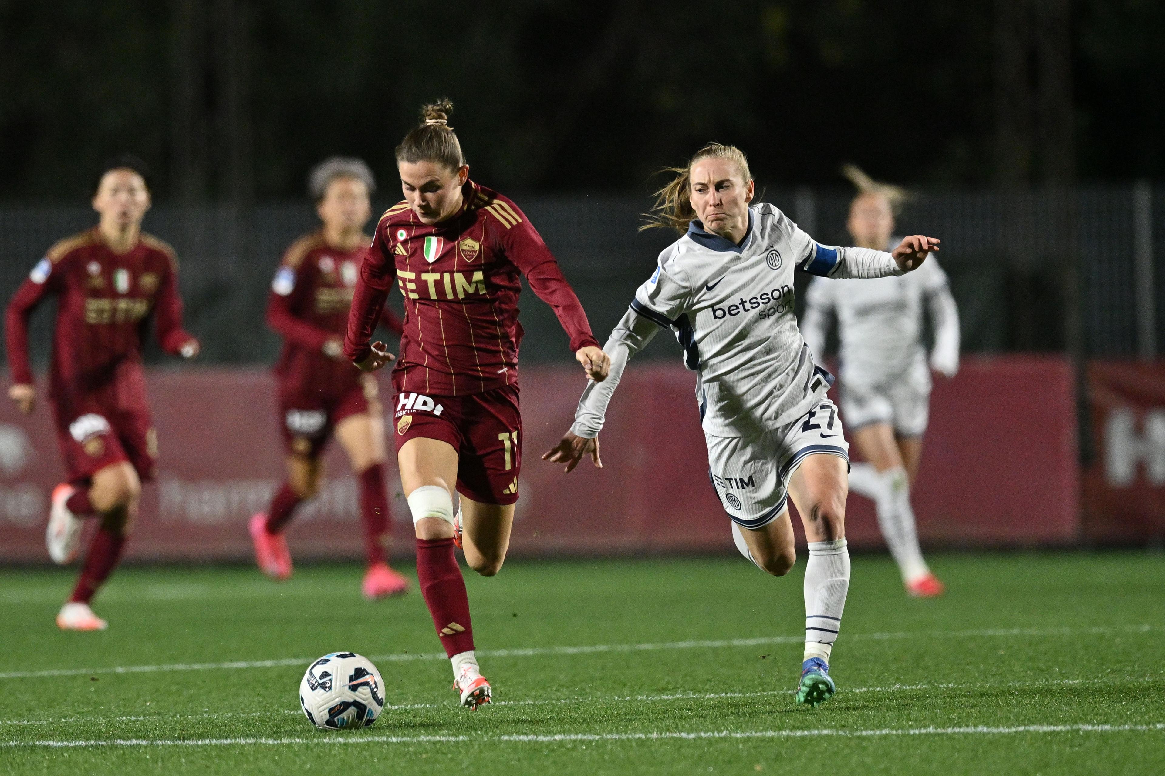Emile Haavi (Roma Women)Henrietta Csiszar (Inter Women)              ; \\rJanuary 12; 2024 - Football : Italian championship 2024 2025  Femminile   ; 14\\u00B0Day; match between Roma Women 1-2 Inter  Women at  Tre Fontane Stadium   ; Roma, Italy;         ;( photo by aicfoto)(ITALY) [0855]\\r
