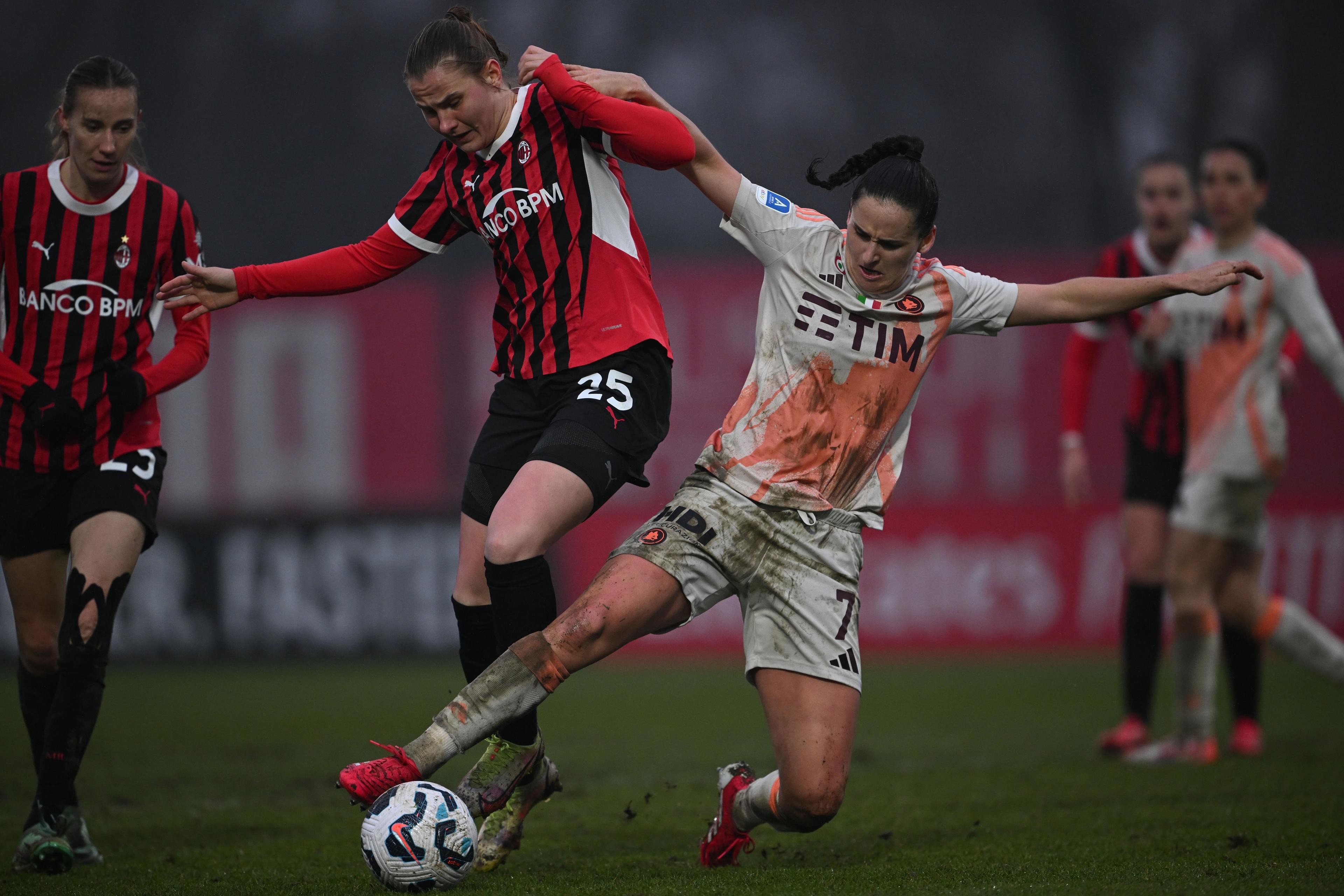 Julie Piga (Milan Women)Malgorzata Mesjasz (Milan Women)Evelyne Viens (Roma Women)             ; \\rJanuary 25; 2025 - Football : Italian championship 2024 2025  Femminile   ; 16\\u00B0Day; match between     Milan Women 3-2 Roma Women  at  Peppino Vismara Stadium   ; Milano, Italy;         ;( photo by aicfoto)(ITALY) [0855]\\r