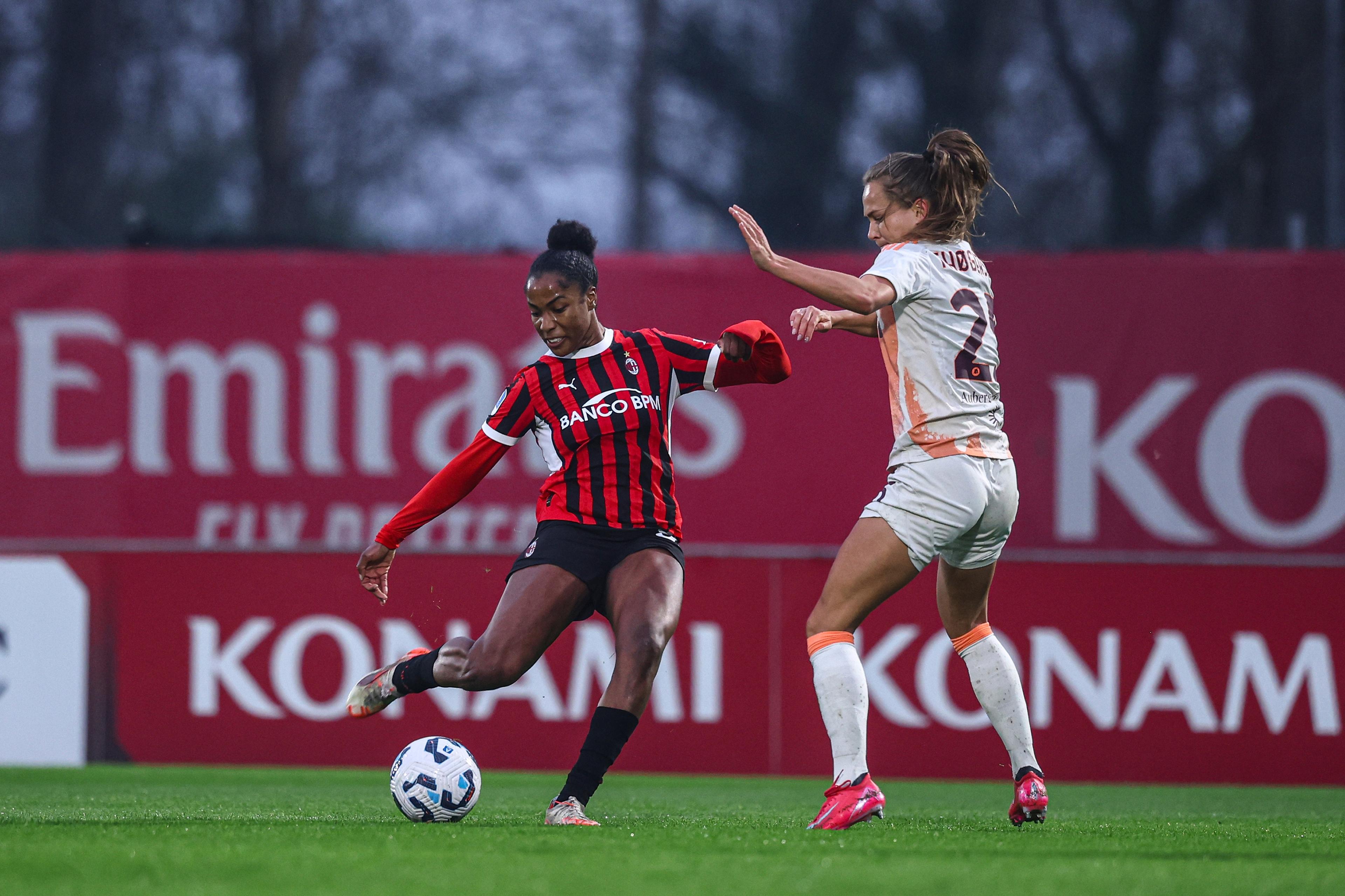 MILAN, ITALY - MARCH 22: Chante' Dompig of AC Milan Women scores her team's second goal during the Women Serie A Playoff Group A match between AC Milan and AS Roma at Vismara PUMA House of Football on March 22, 2025 in Milan, Italy. (Photo by Giuseppe Cottini/AC Milan via Getty Images)