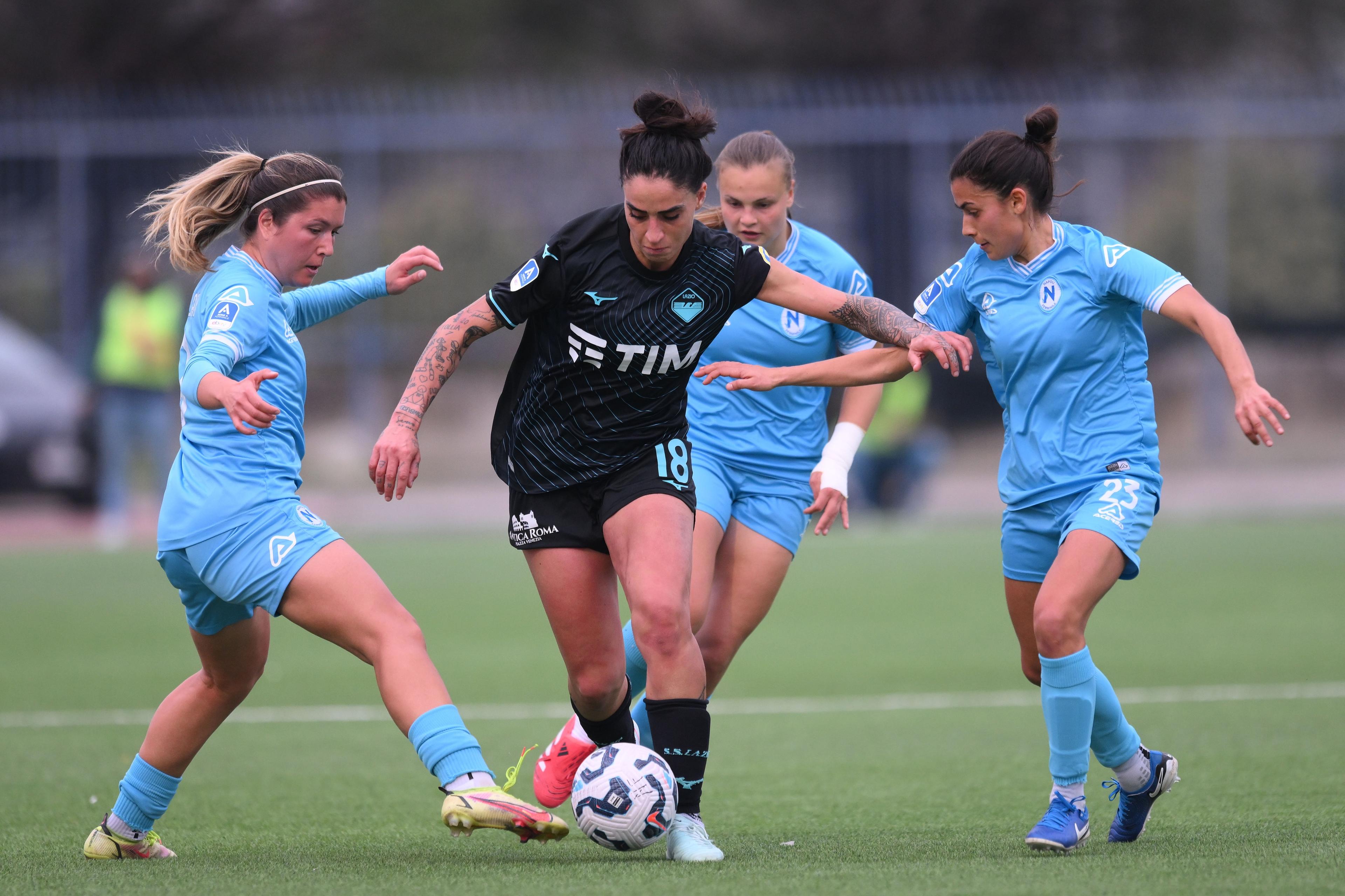 Loreta Kullashi (Napoli Women)Martina Piemonte (Lazio Women)Melissa Bellucci (Napoli Women)Gloria Sliskovic (Napoli Women) ; March 8; 2025 - Football : Italian championship 2024 2025 Femminile ; 20°Day; match between Napoli Women 0-4 Lazio Women at Giuseppe Piccolo Stadium ; Napoli, Italy; ;( photo by aicfoto)(ITALY) [0855]