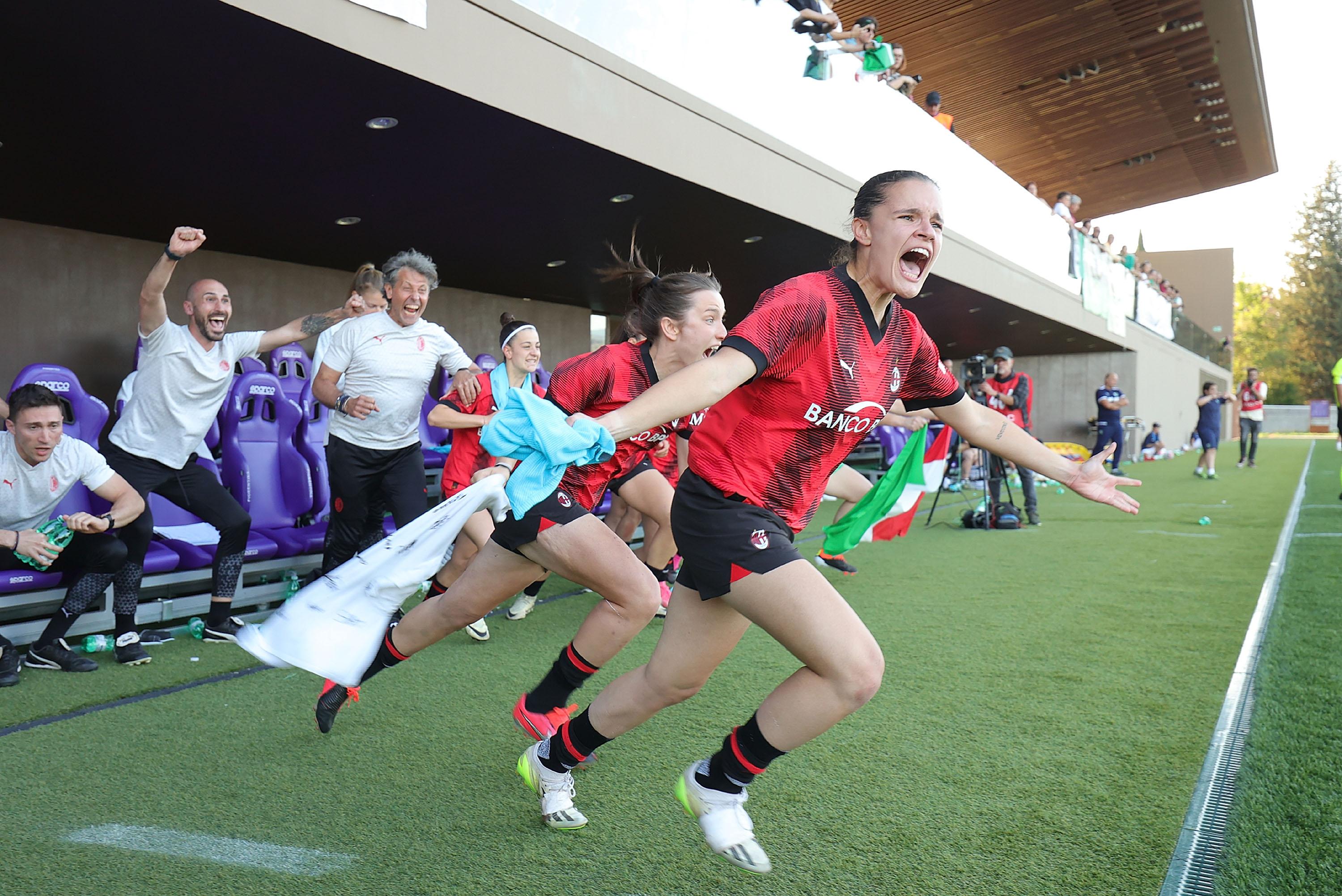 FLORENCE, ITALY - MAY 11: Monica Renzotti of AC Milan U19 Women celebrates the victory after during the Primavera 1 Final match between Sassuolo U19 and AC Milan U19 on May 11, 2024 in Florence, Italy. (Photo by Gabriele Maltinti/Getty Images) *** Local Caption *** Monica Renzotti