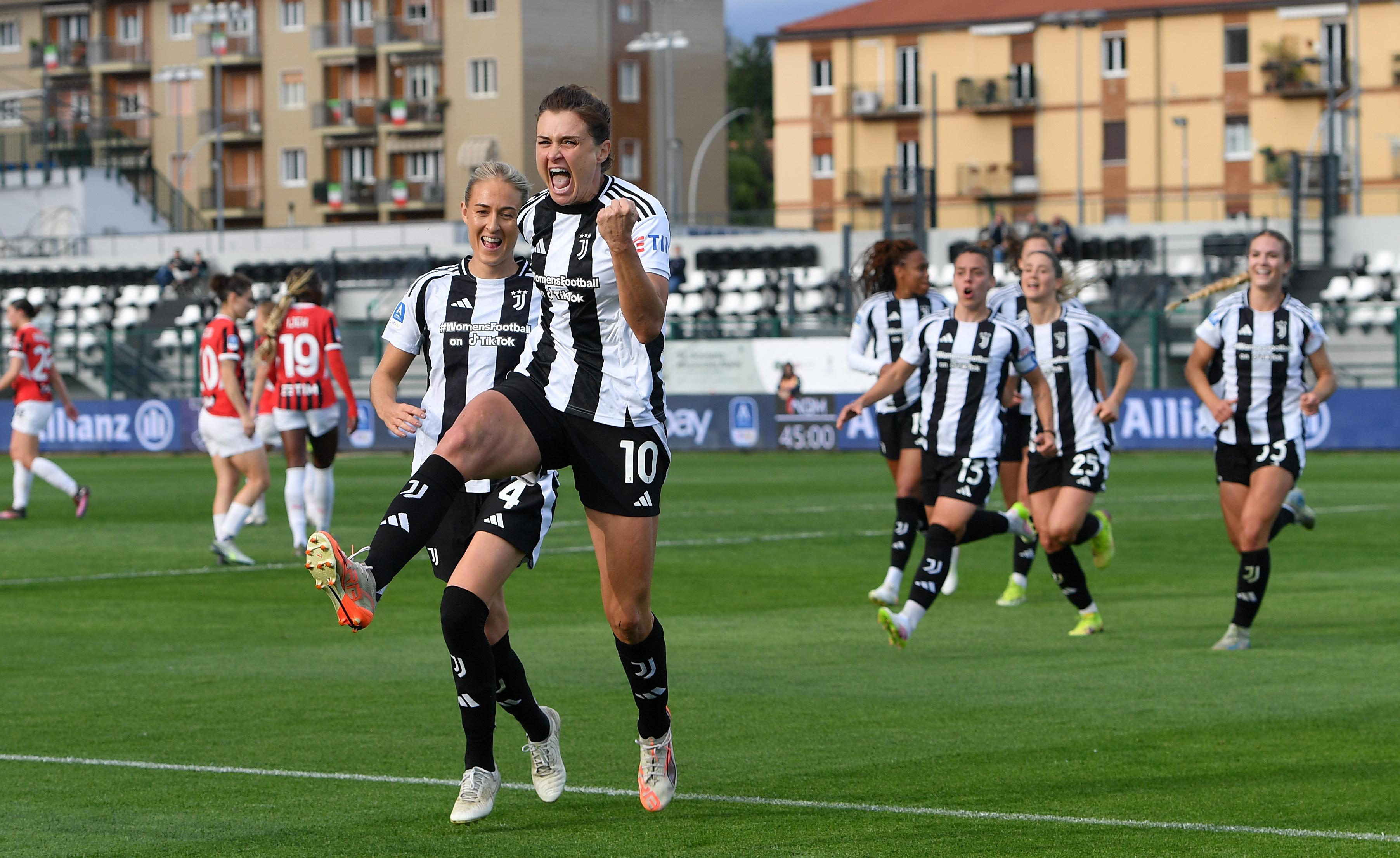 BIELLA, ITALY - APRIL 18: Cristiana Girelli of Juventus Women celebrates goal during the Women Serie A Playoff Group A match between Juventus and AC Milan at Stadio Comunale Vittorio Pozzo Lamarmora on April 18, 2025 in Biella, Italy. (Photo by Chris Ricco - Juventus FC/Juventus FC via Getty Images)