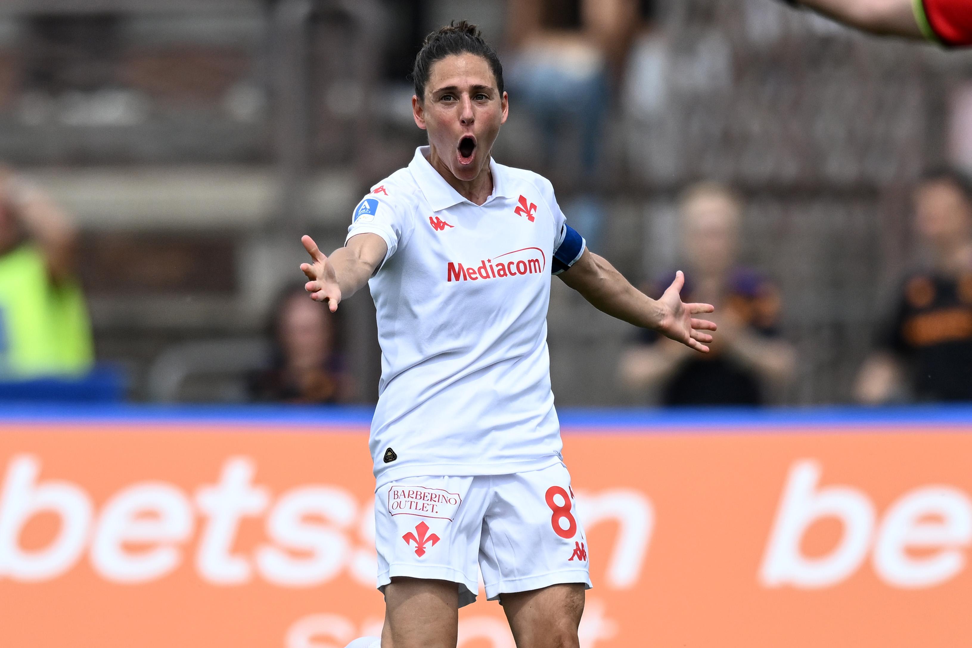 MILAN, ITALY - MAY 03: Veronica Boquete of Fiorentina celebrates her goal during the Women Serie A Playoff Group A match between FC Internazionale and Fiorentina at Arena Civica Gianni Brera on May 03, 2025 in Milan, Italy. (Photo by Image Photo Agency/Getty Images)