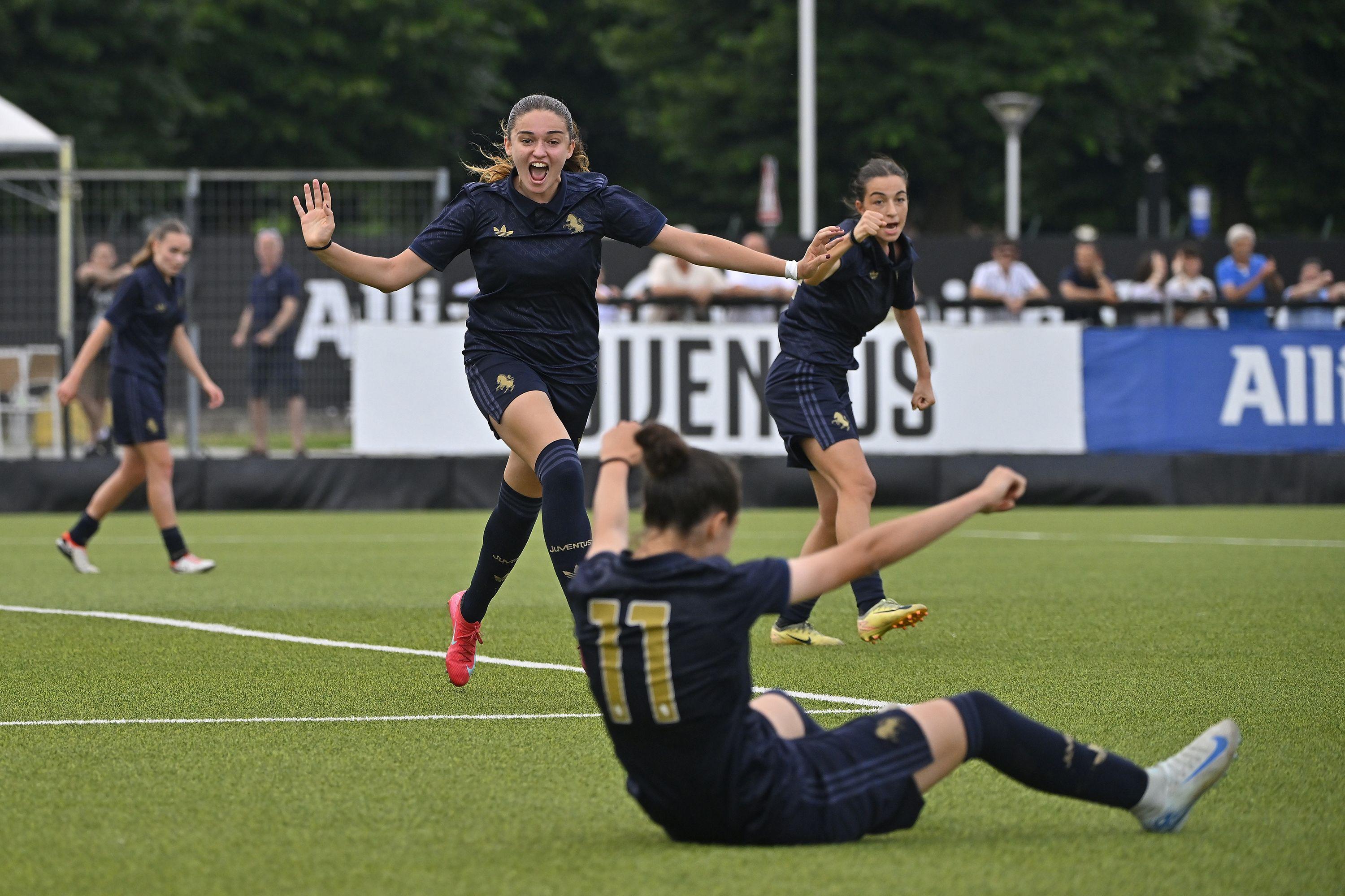 VINOVO, ITALY - JUNE 01: Costanza Santarella of Juventus celebrates after scoring a goal during the Women Coppa Italia match between Juventus U19 and Sassuolo U19 at Juventus Center Vinovo on June 01, 2025 in Vinovo, Italy. (Photo by Filippo Alfero - Juventus FC/Juventus FC via Getty Images)