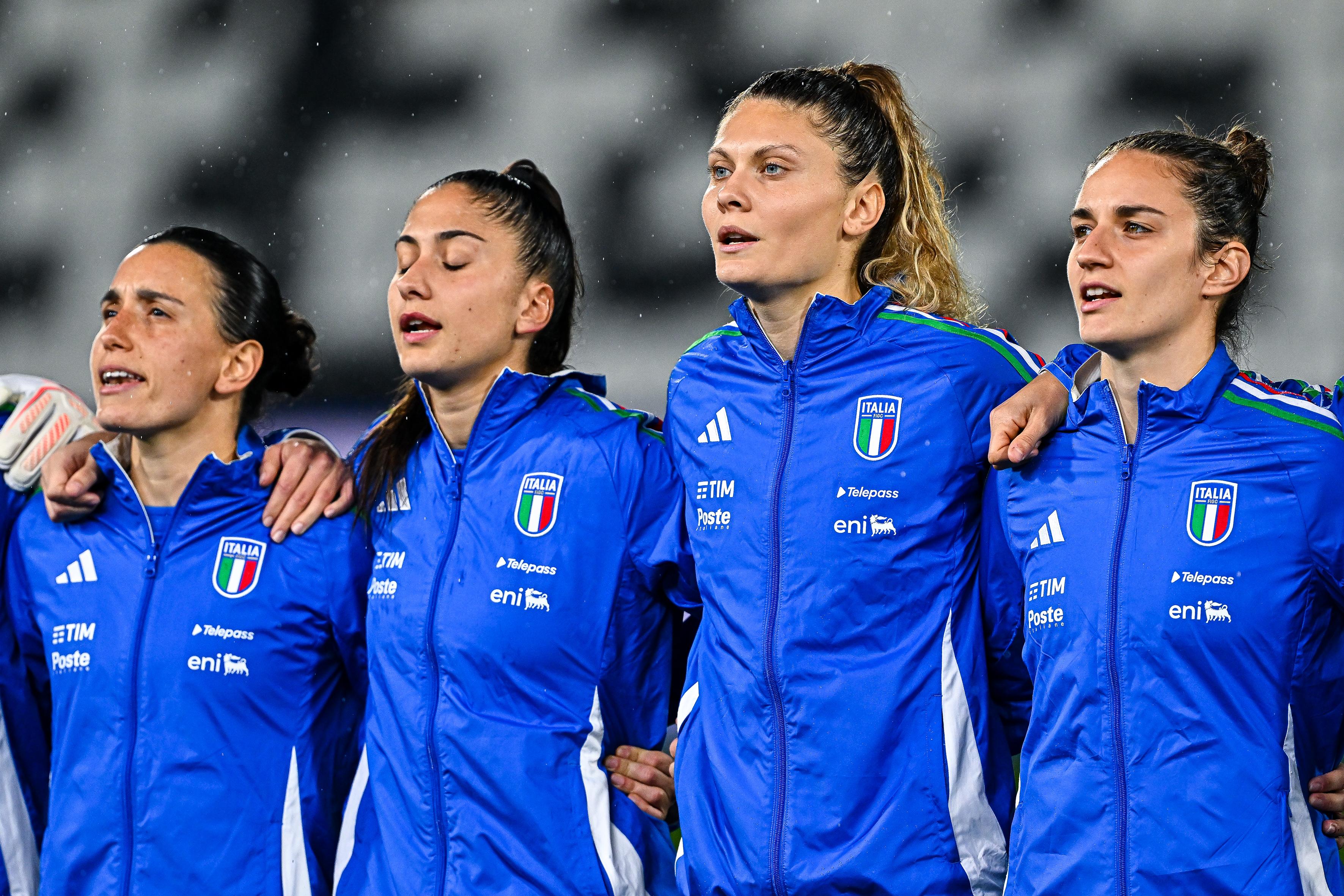 LA SPEZIA, ITALY - FEBRUARY 25: Lucia Di Guglielmo (left), Chiara Beccari, Michela Cambiaghi and Martina Lenzini of Italy sing the national anthem prior to kick-off in the UEFA Women's Nations League 2024/25 Grp A4 MD2 match between Italy and Denmark at Stadio Alberto Picco on February 25, 2025. (Photo by Simone Arveda - FIGC/FIGC via Getty Images)