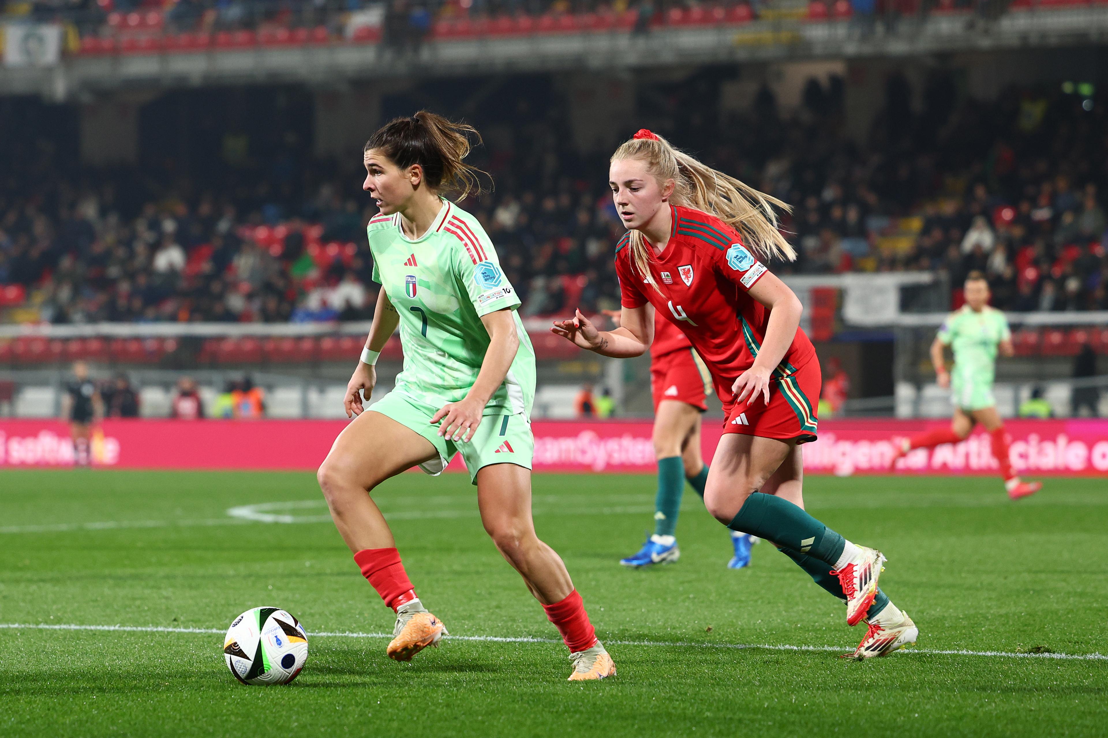 MONZA, ITALY - FEBRUARY 21: Sofia Cantore of Italy in action during the UEFA Women's Nations League 2024/25 Group A4 MD1 match between Italy and Wales at Stadio Brianteo on February 21, 2025 in Monza, Italy. (Photo by Francesco Scaccianoce/FIGC via Getty Images)